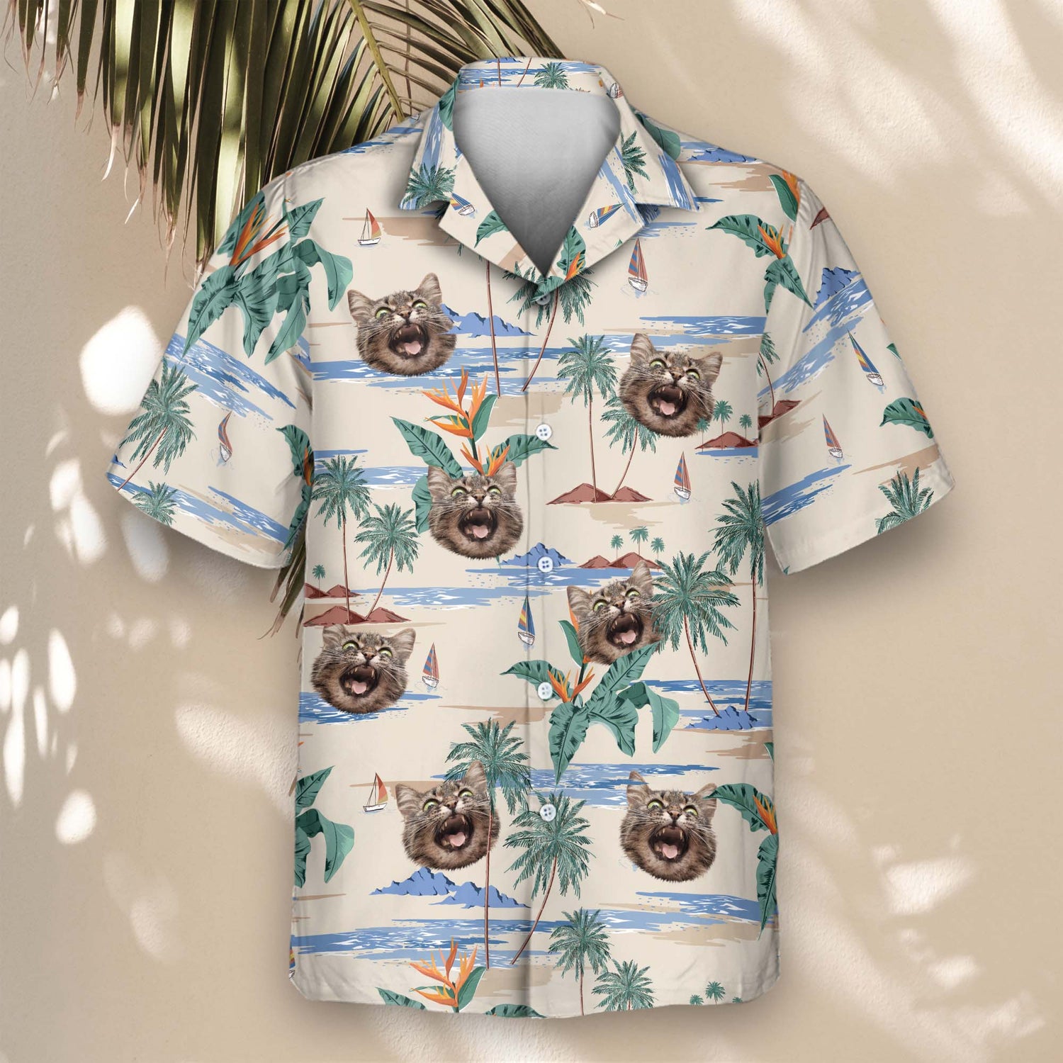 Custom Hawaiian shirts with tropical coconuts and hibiscus flowers. Personalize with faces on them for a fun, island-themed flair perfect for adventures.