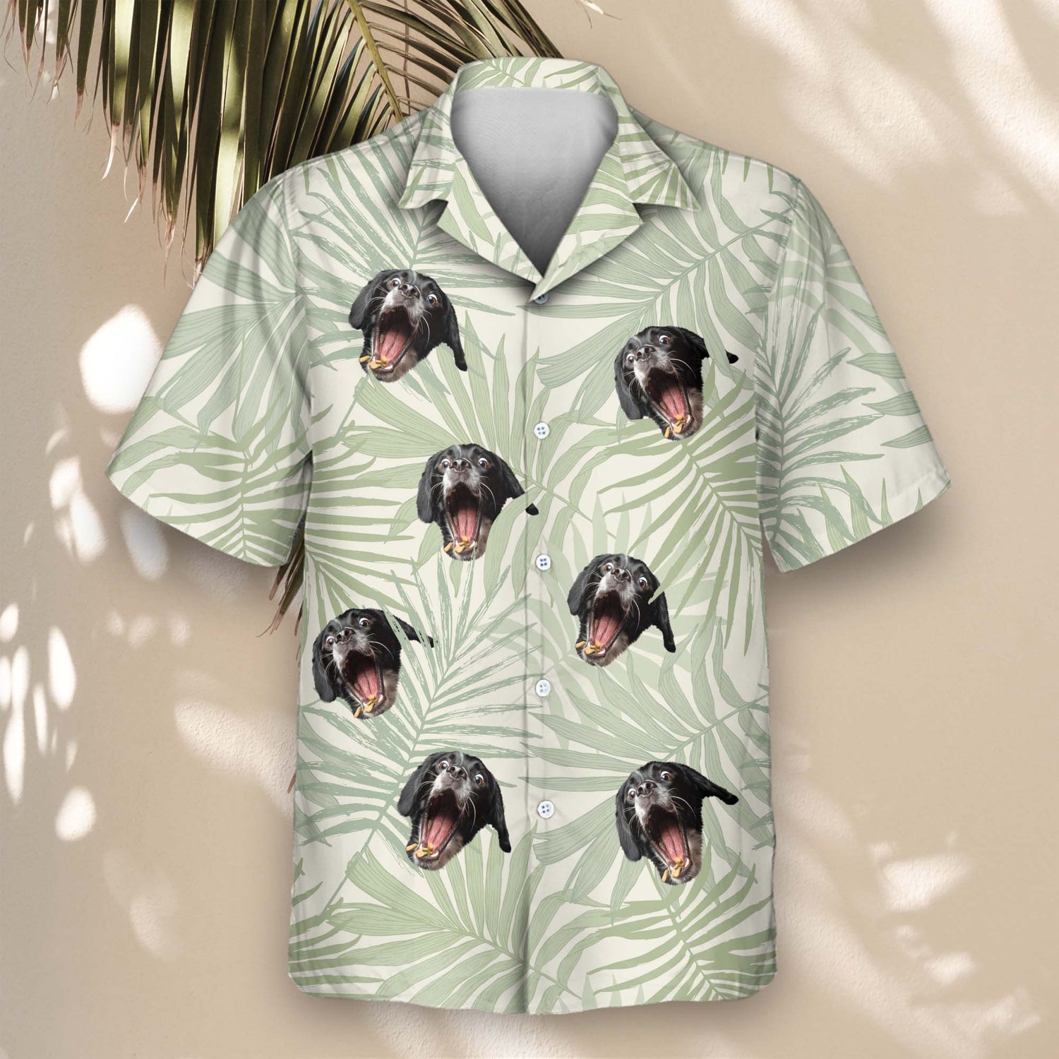 Custom Hawaiian shirts featuring tropical leaf patterns. Personalize with faces on them for a fresh, lightweight look with a fun, tropical vibe.