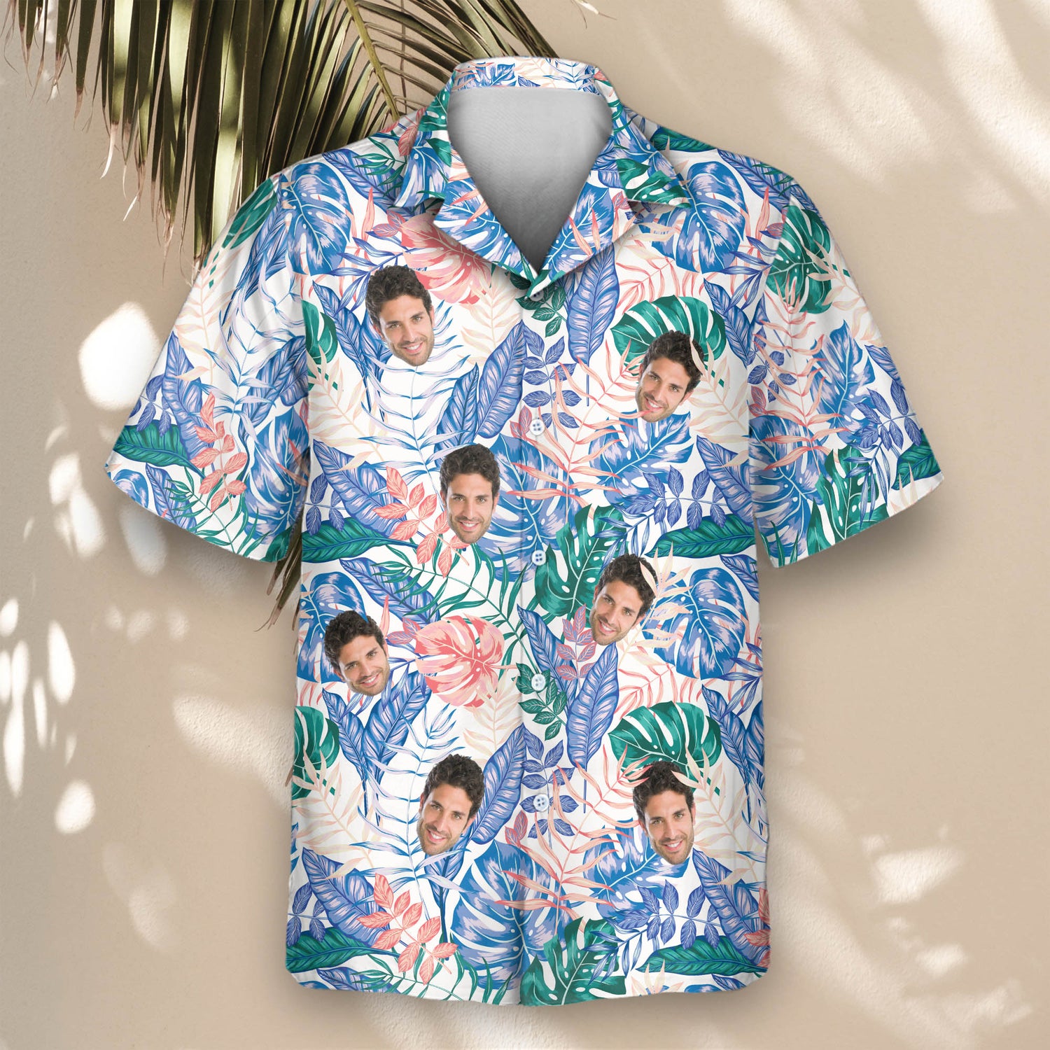 Nature-inspired custom Hawaiian shirts with vibrant palm fronds, philodendron, and fern patterns—perfect shirts with faces on them for tropical vacations.