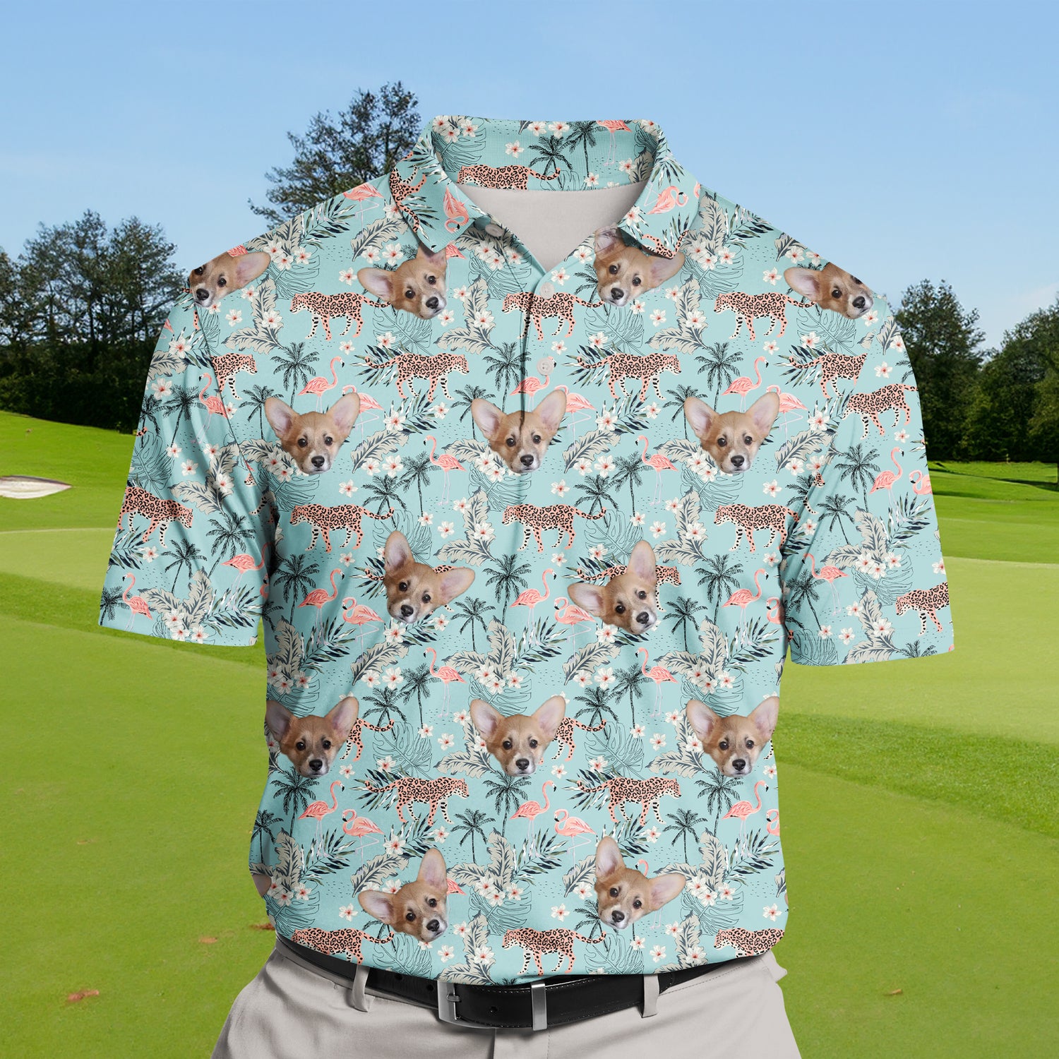 Tropical-themed funny golf shirts with faces on them, featuring UV 50 protection and comfort.