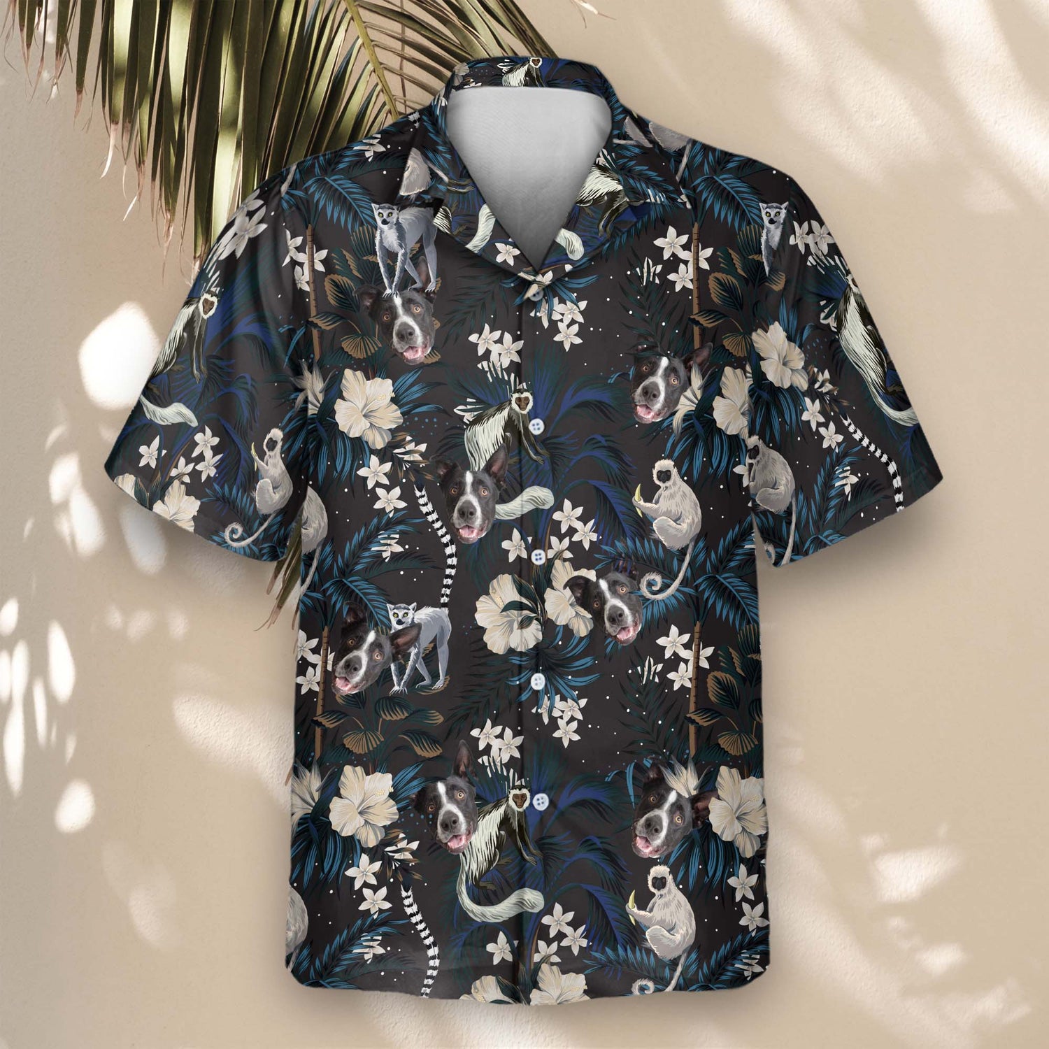 Stand out in custom Hawaiian shirts with faces on them, featuring colorful botanical patterns, sloths, and palms for a bold tropical vibe.