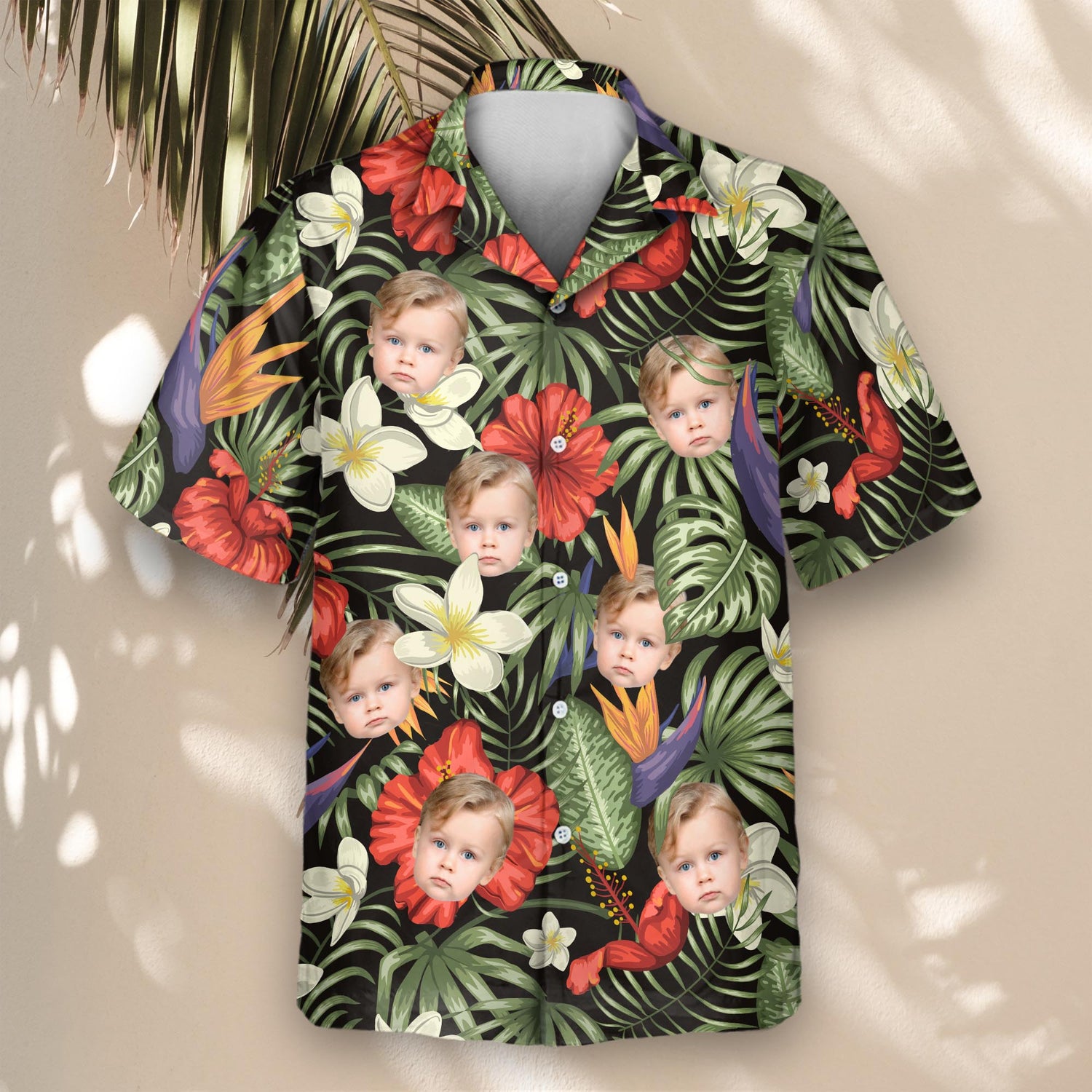 Custom Hawaiian shirts with exotic leaves, bird of paradise, and hibiscus. Personalize with faces on them for a stylish, laid-back tropical vibe.
