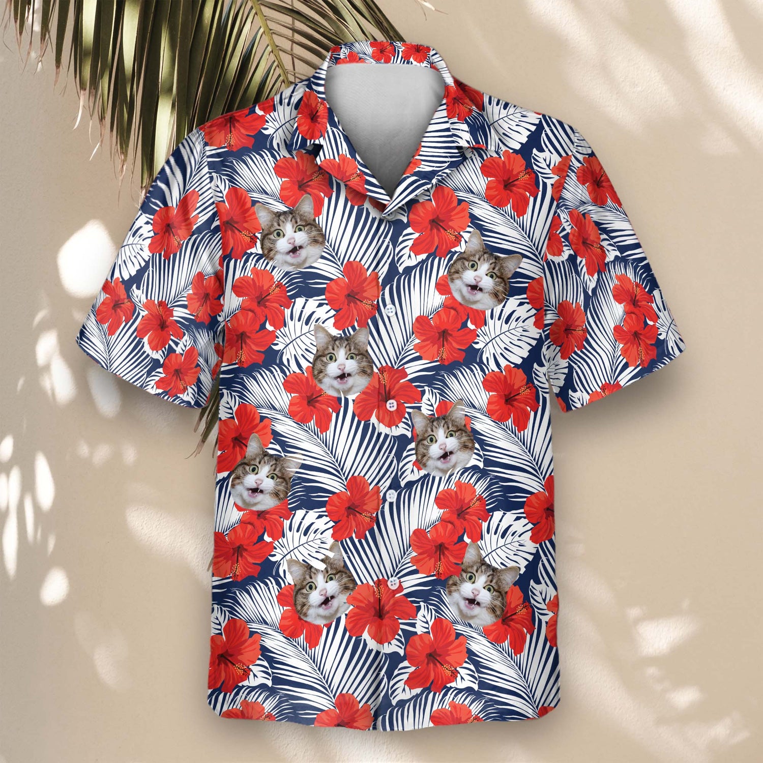 Custom Hawaiian shirts with faces on them featuring tropical red flowers and palm leaves, designed for those who love vibrant summer styles and beachwear.