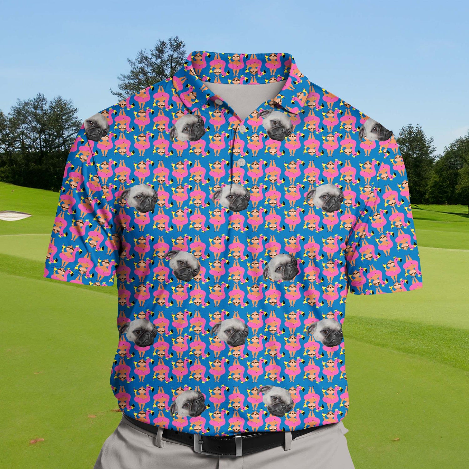 Unique funny golf shirts with faces on them perfect for pool parties.