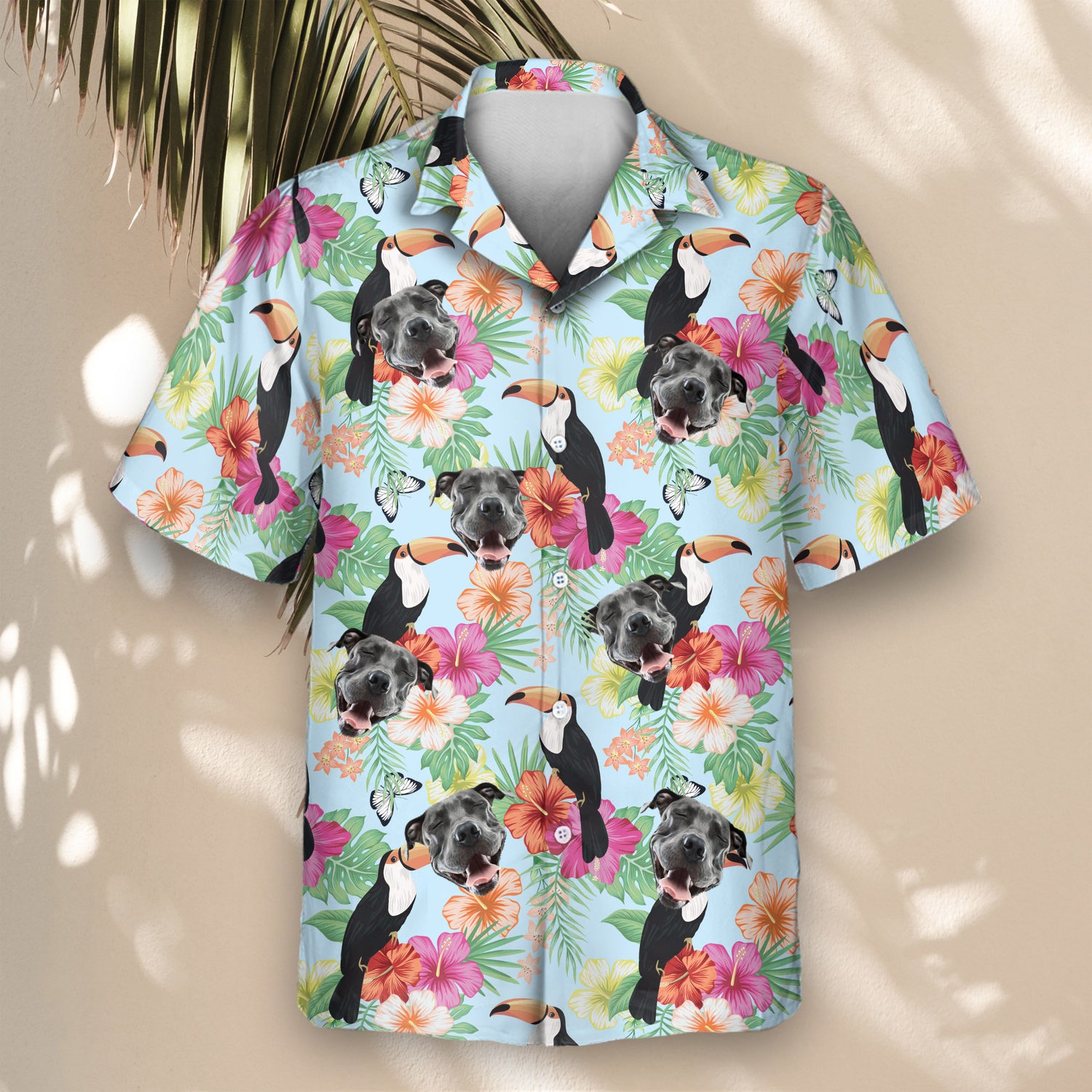 Embrace tropical vibes with Custom Hawaiian Shirts featuring vibrant toucans and palm leaves, perfect for adding shirts with faces on them or custom designs.