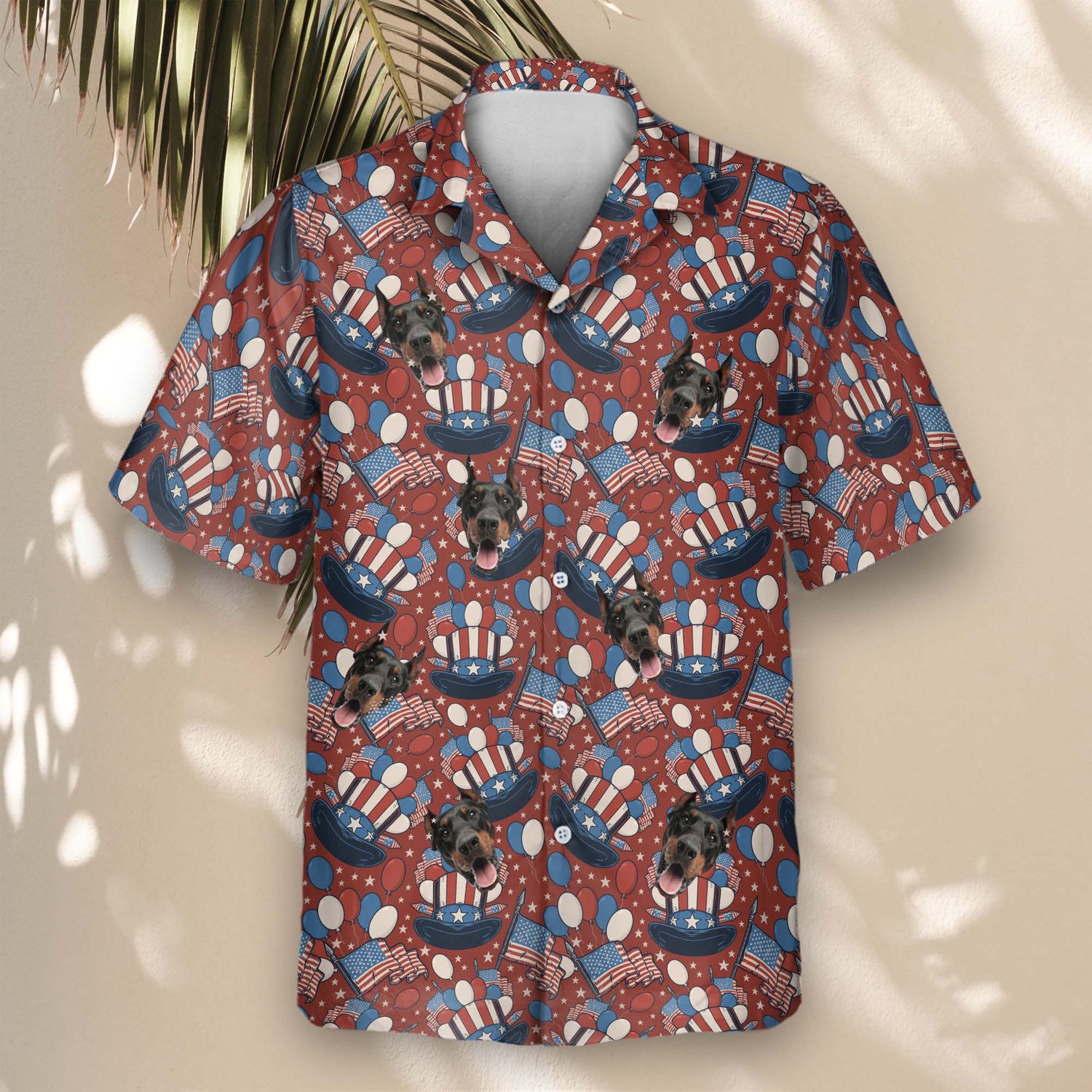 Custom Hawaiian shirts with faces on them, featuring a bold red, white, and blue design with stars, flags, and festive patriotic symbols for national pride.
