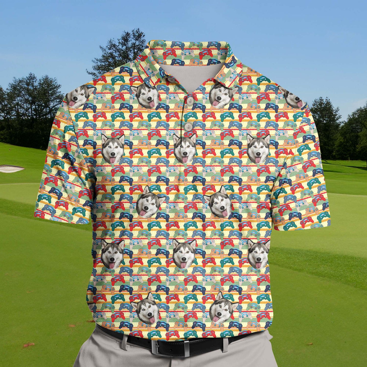 Personalized funny golf shirts with digital controllers and face designs.