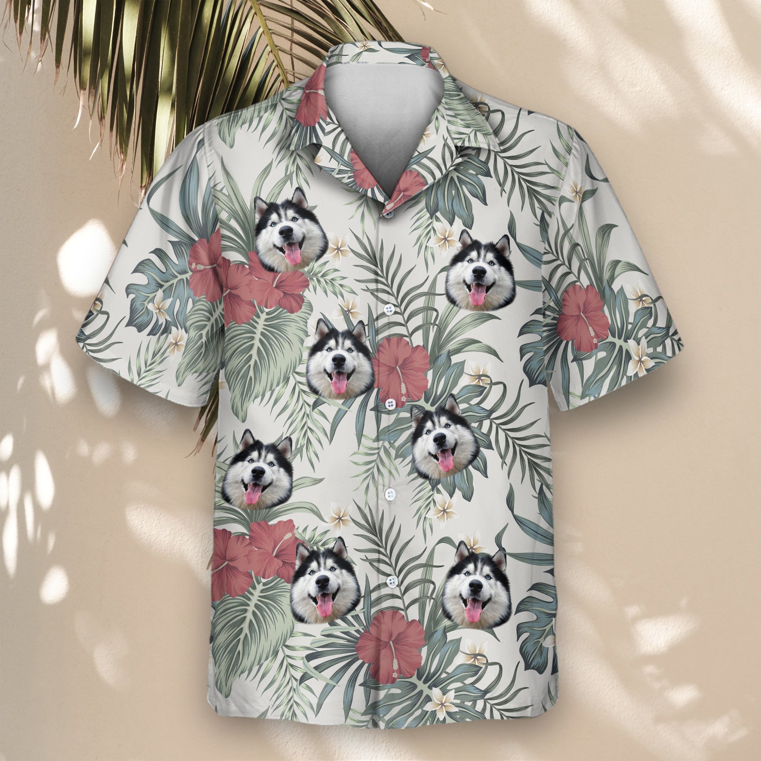 Custom Hawaiian shirts with grey hibiscus and plumeria flowers. Personalize with faces on them for a stylish, retro tropical vibe perfect for any event.