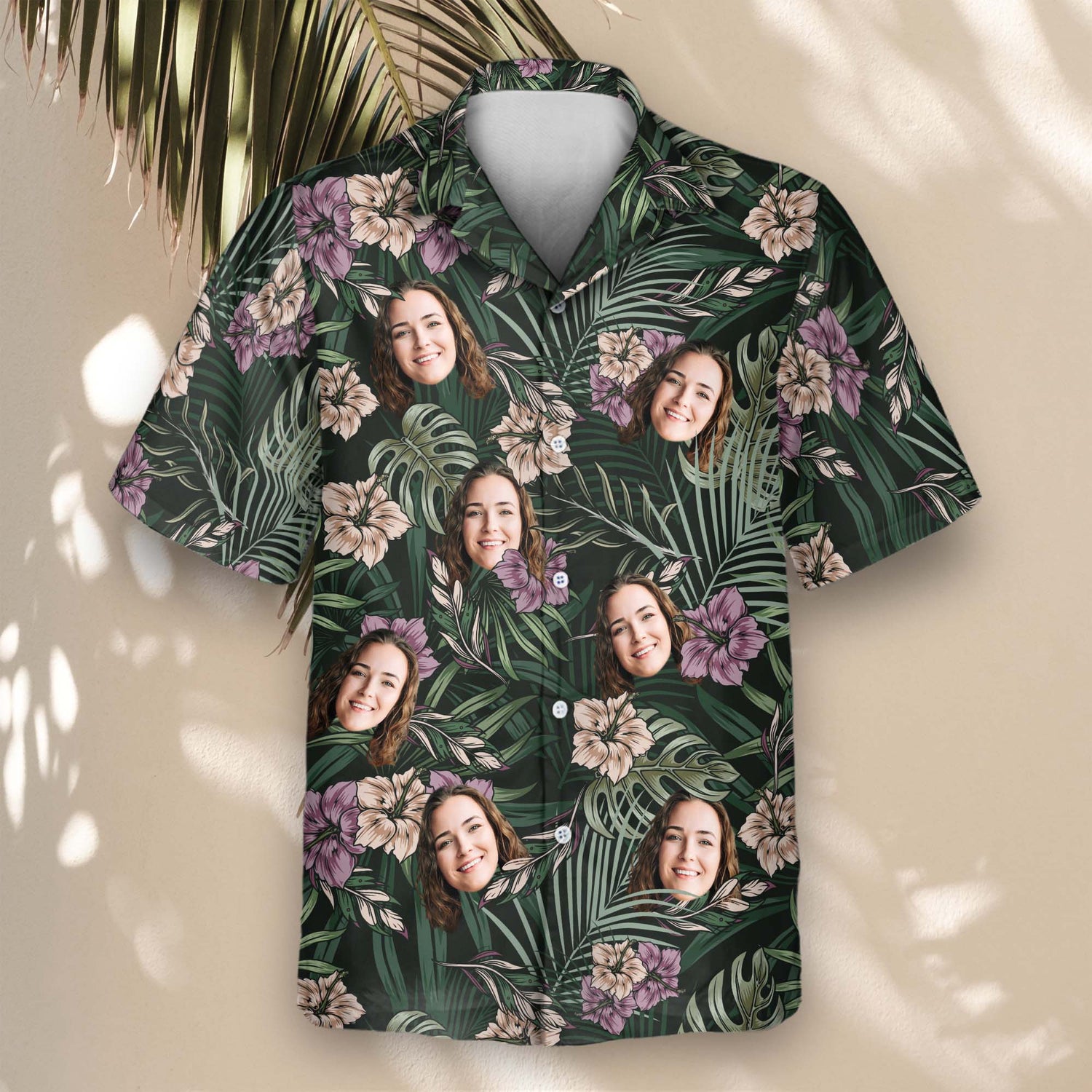 Custom Hawaiian shirts with faces on them, inspired by vintage tropical nature, with palm leaves, exotic flowers, and earthy tones perfect for summer wear.