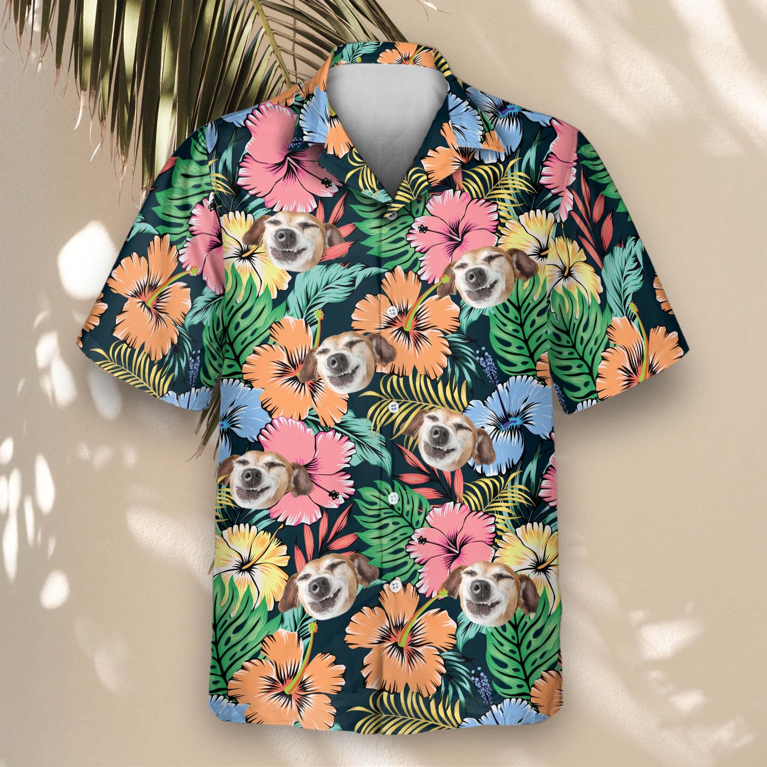 Vibrant custom Hawaiian shirts with faces on them, decorated with tropical flowers, palm trees, and ocean waves for carefree beach style.