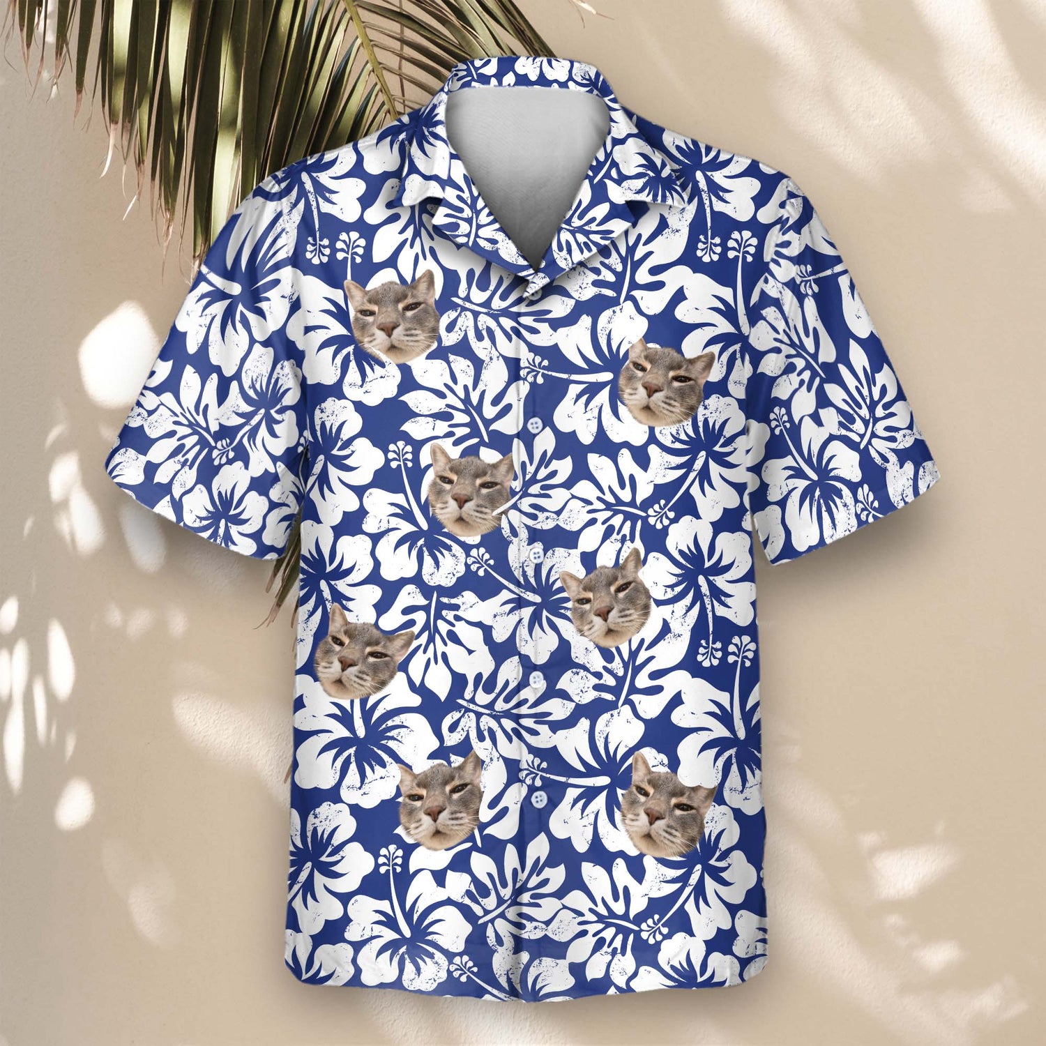 Vivid custom Hawaiian shirts with faces on them, designed with tropical elements like palm trees and ocean waves. Great for casual summer vacations.
