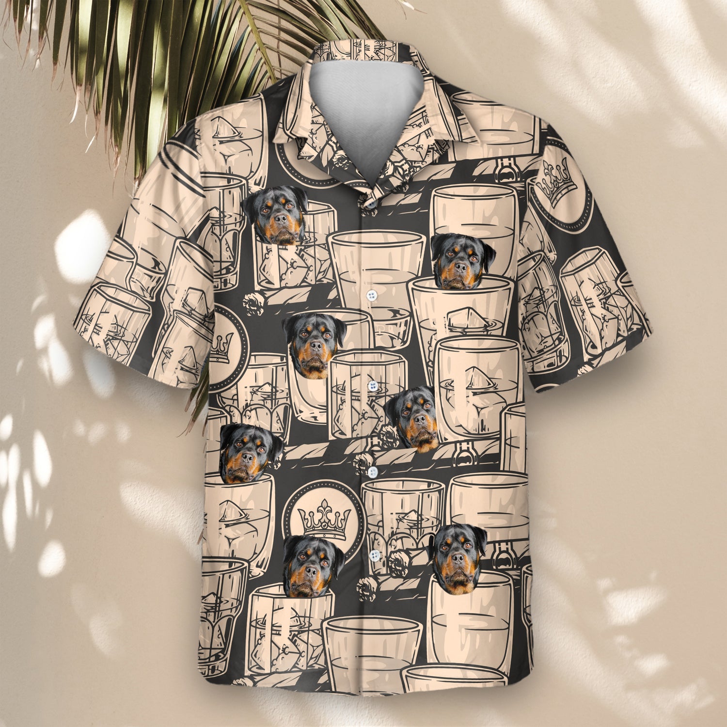Monochrome custom Hawaiian shirts with whiskey and cigar themes. Personalize shirts with faces on them for a vintage, laid-back yet classy look.