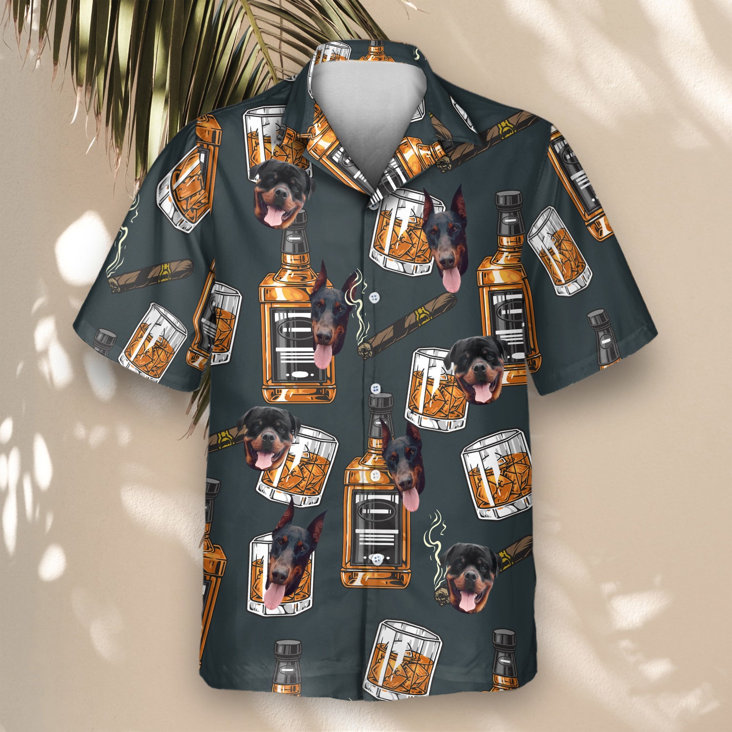 Classic whiskey and cigar designs on custom Hawaiian shirts. Add faces on them for a relaxed, personalized style with a tropical twist.