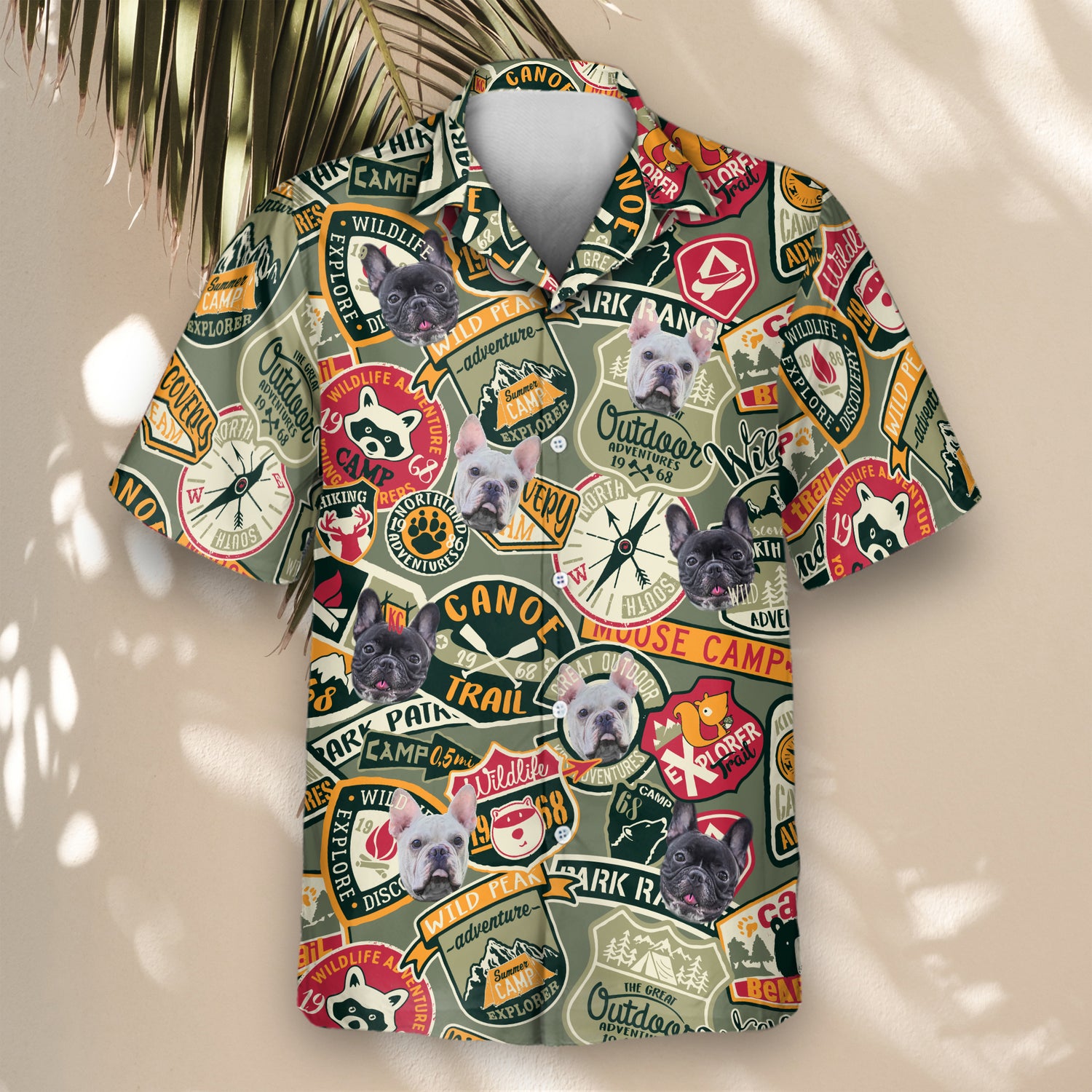 Outdoor-themed custom Hawaiian shirts with nature trails and wildlife. Personalize your shirts with faces on them for a bold, adventure-inspired style.