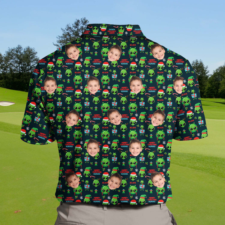 Team wearing funny golf shirts with faces on them, showcasing unique alien designs.