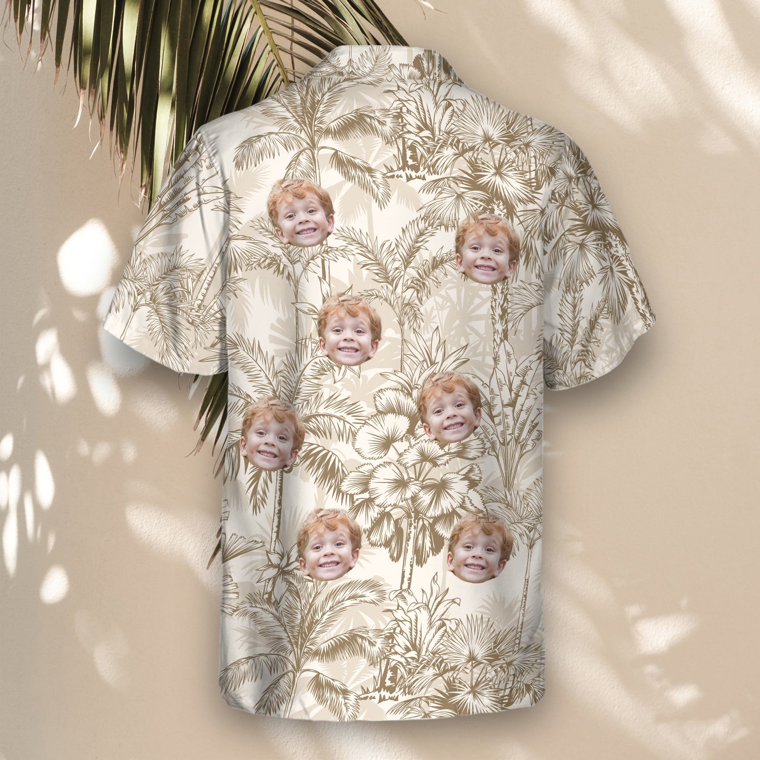 Beige custom Hawaiian shirts with faces on them, showcasing palm tree designs for a lightweight, stylish look that adds a laid-back tropical vibe to any outing.