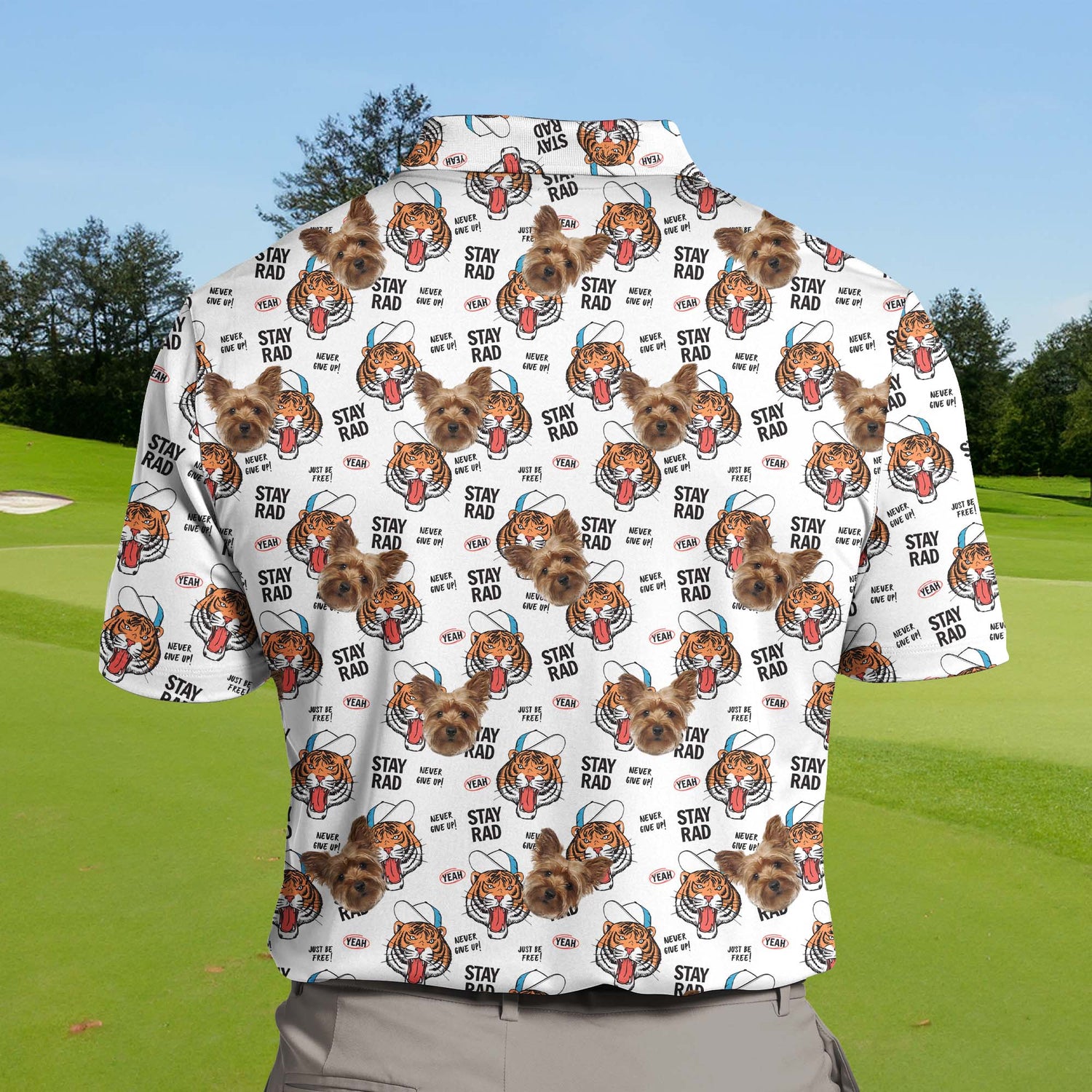 Custom golf polo with cartoon animal faces and logos, perfect for teams.