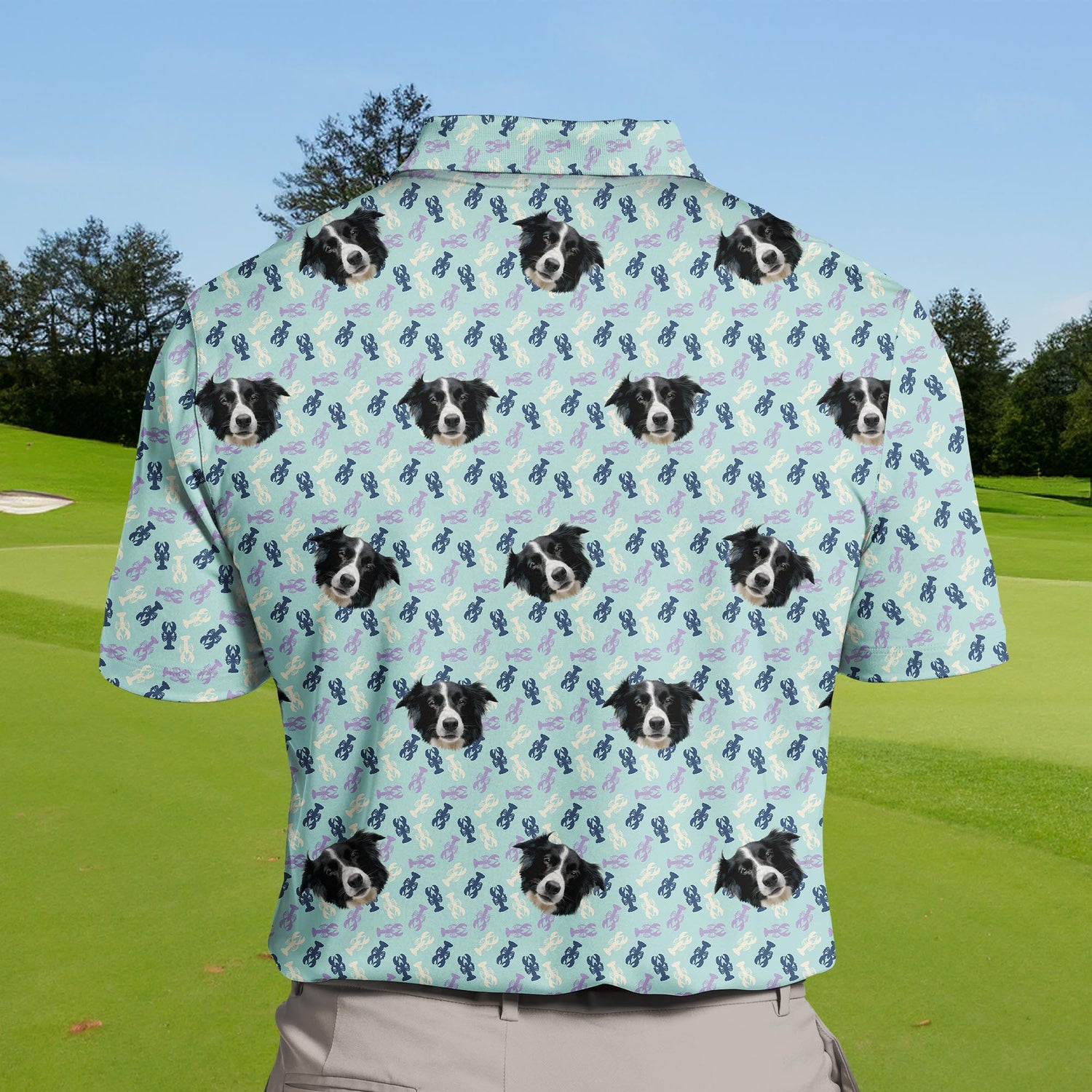 Colorful funny golf shirts with faces on them and marine life prints.