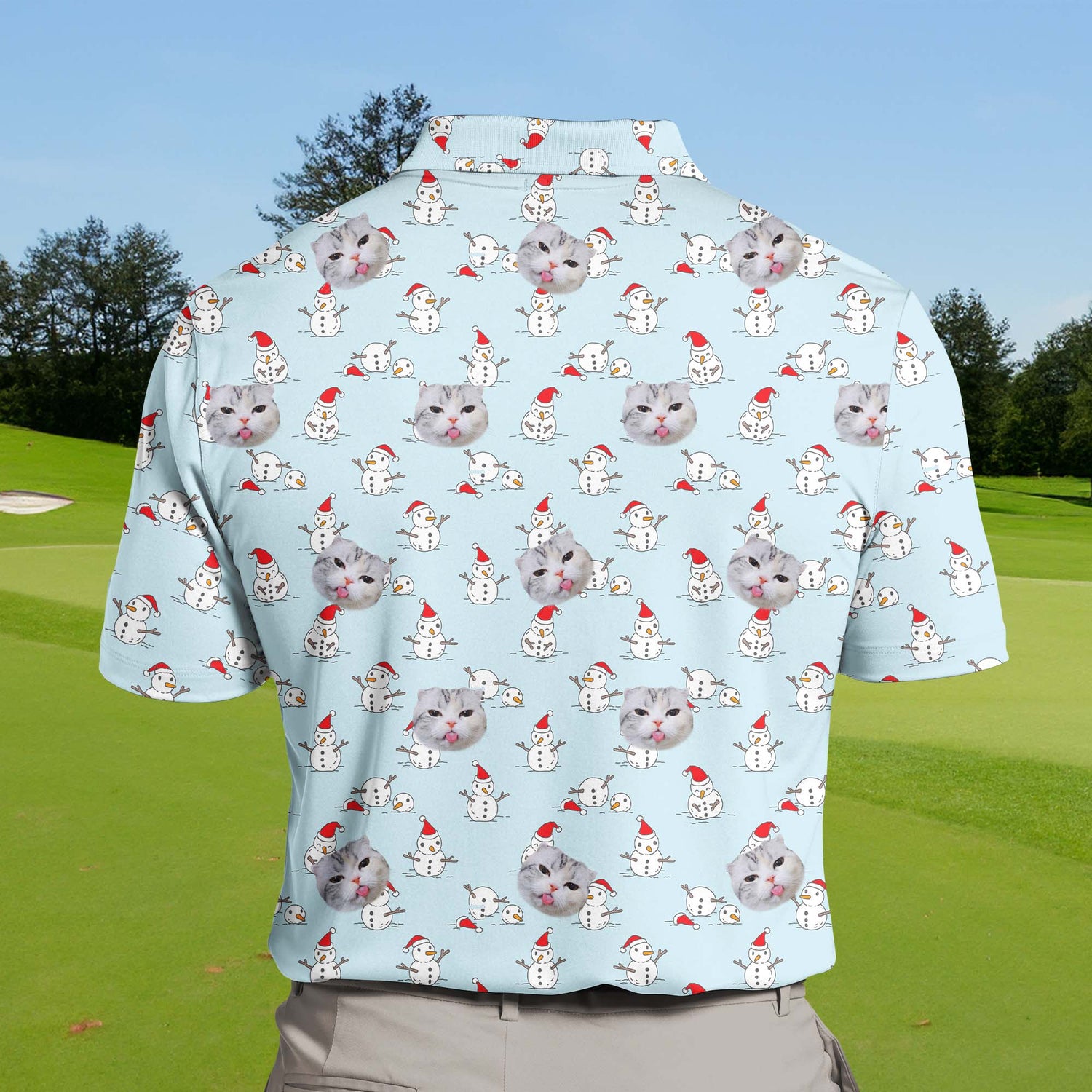 Personalized funny golf shirts with faces on them for group outings.