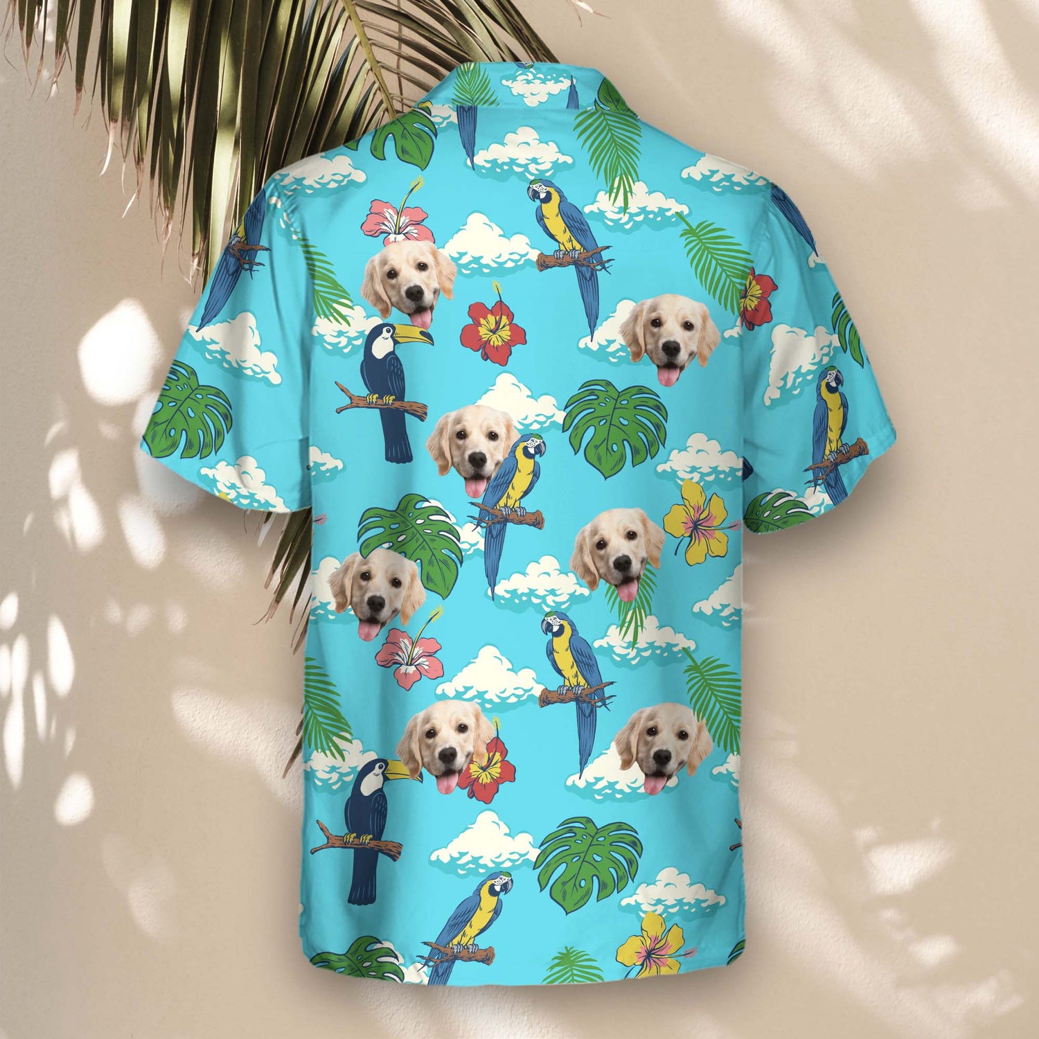 Exotic jungle bird paradise custom Hawaiian shirts with faces on them, designed with bright parrots, palm fronds, and tropical floral prints.
