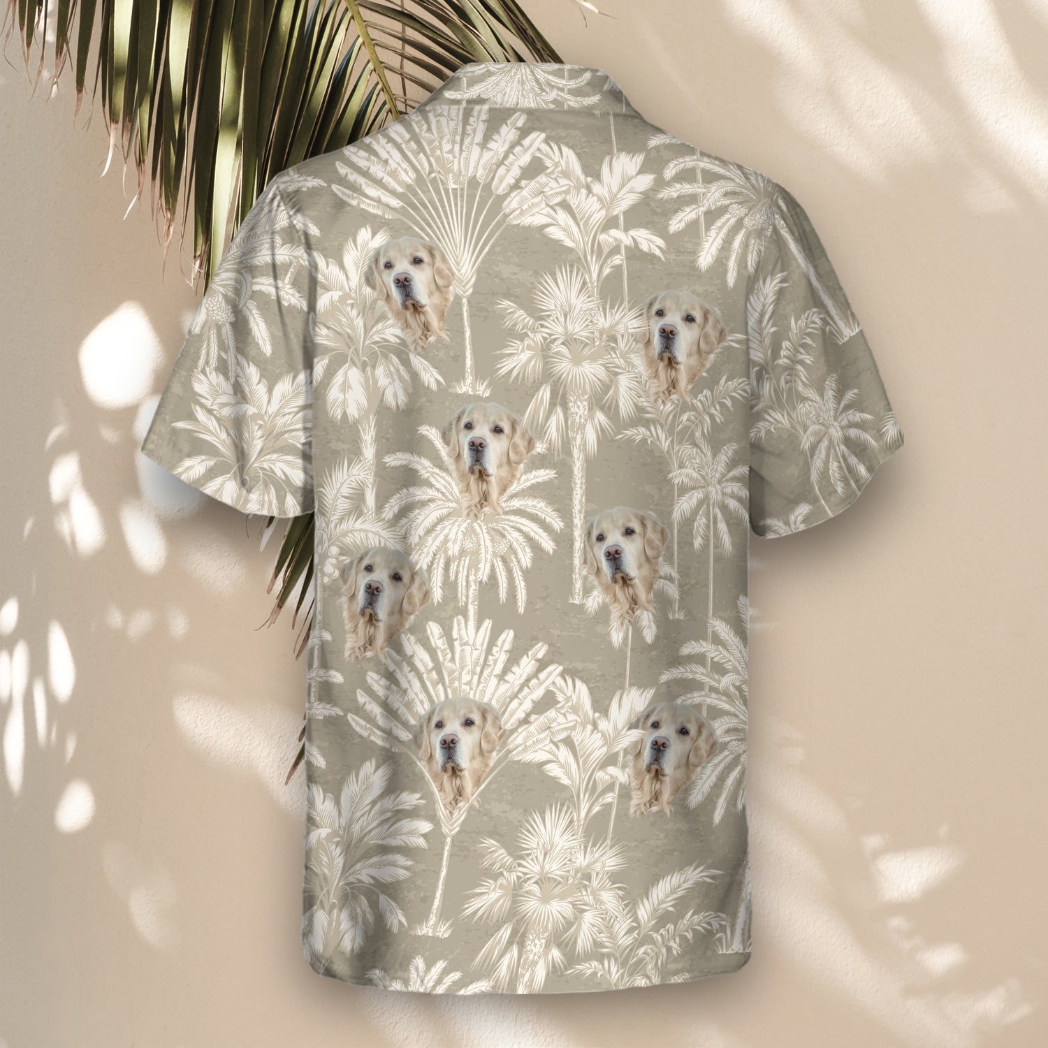 Lightweight custom Hawaiian shirts with faces on them, featuring chic tropical tree designs in grey and ivory, perfect for adding a sleek, tropical touch to any outfit.