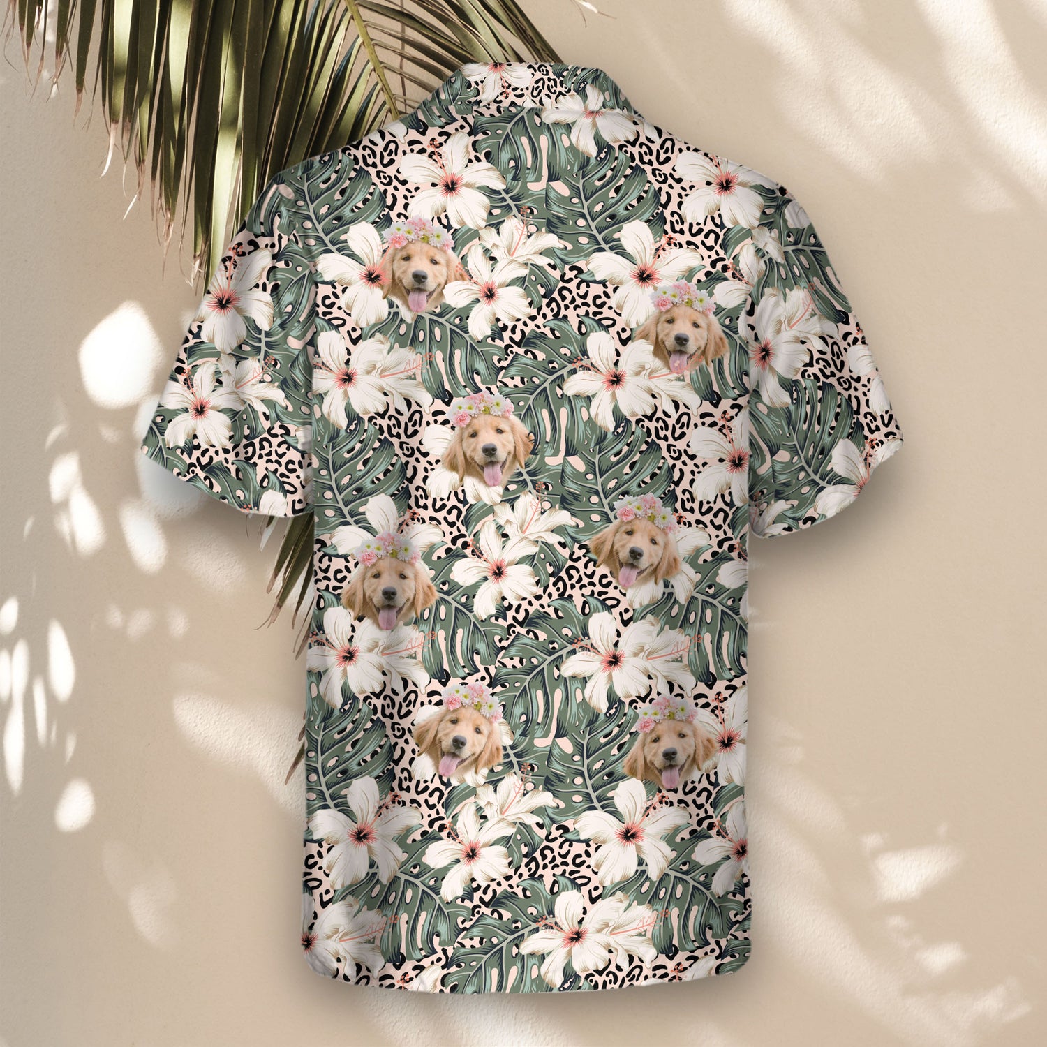 Stylish custom Hawaiian shirts with a tropical mix of monstera leaves, hibiscus flowers, and leopard print. Unique shirts with faces on them for summer.
