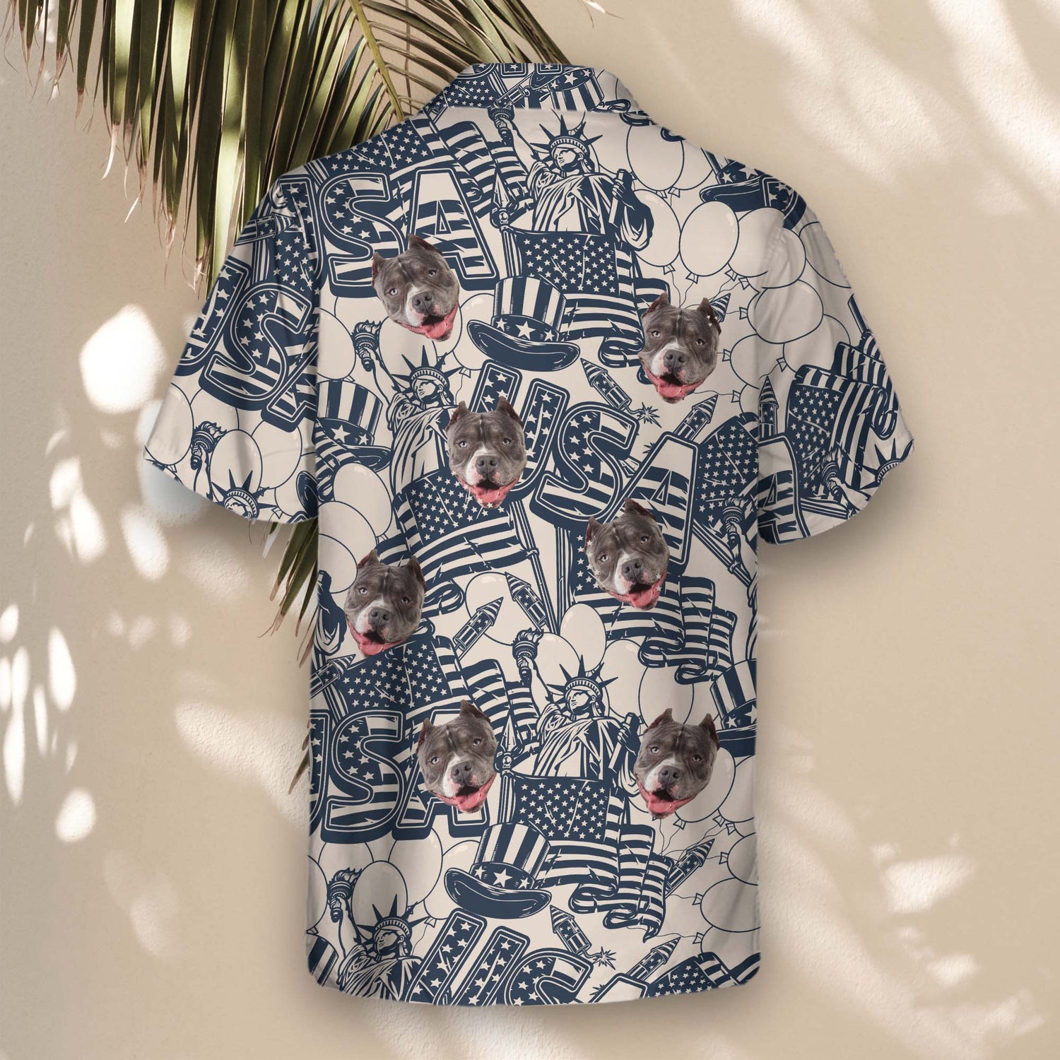 Lightweight custom Hawaiian shirts with faces on them, featuring retro-inspired USA motifs in navy and ivory, ideal for showcasing your patriotism in style.