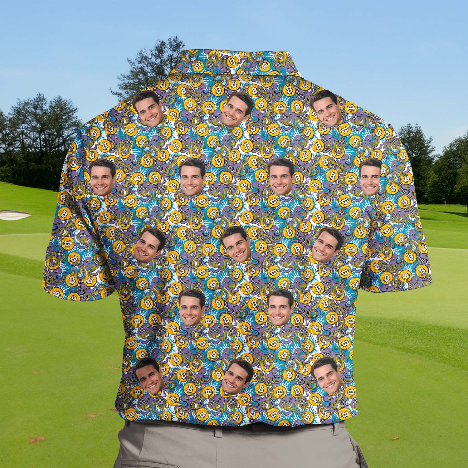 Ocean-themed funny golf shirts with faces on them for team events.