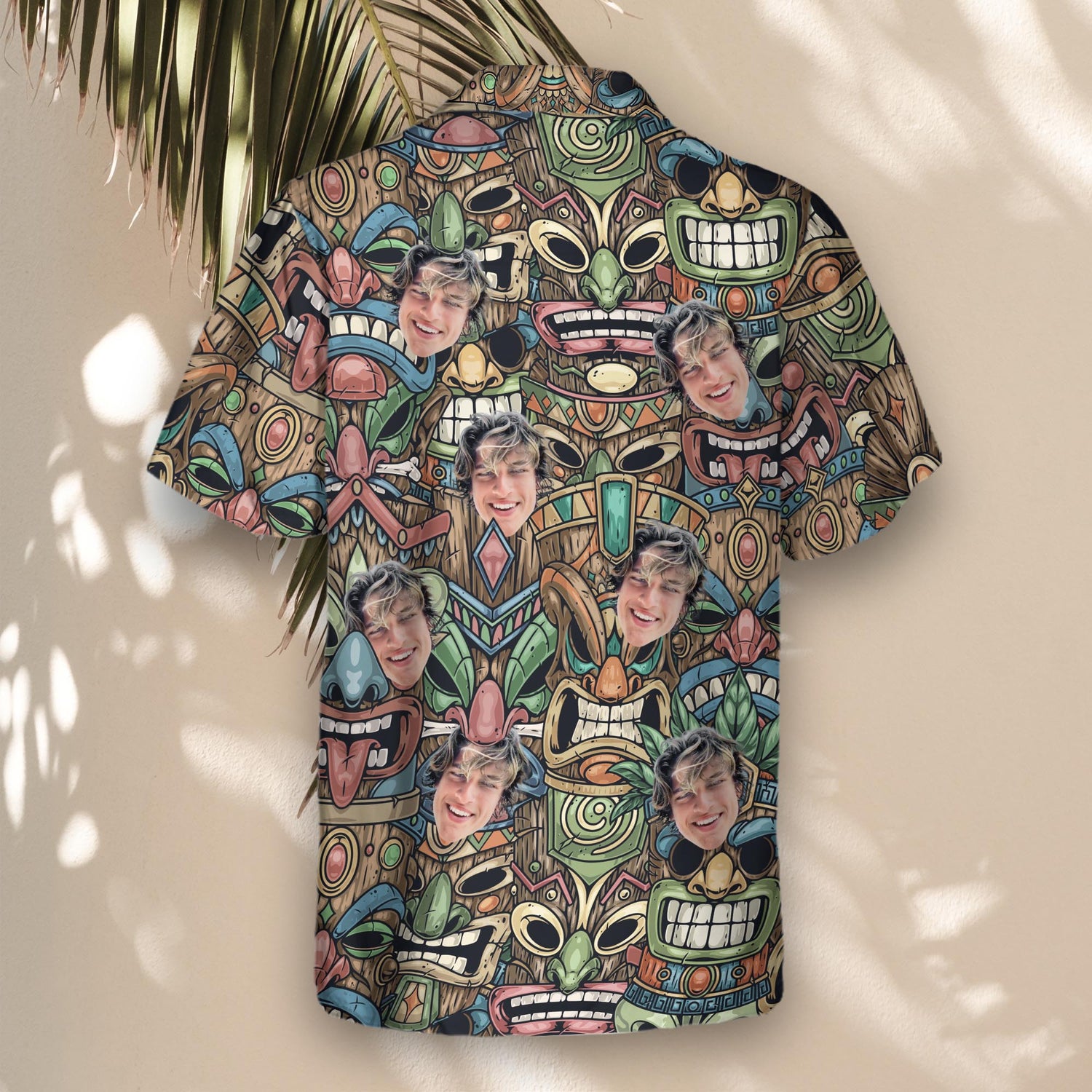 Tropical custom Hawaiian shirts with faces on them, showcasing bold Tiki mask designs, perfect for bringing a festive, island-inspired look to any occasion.