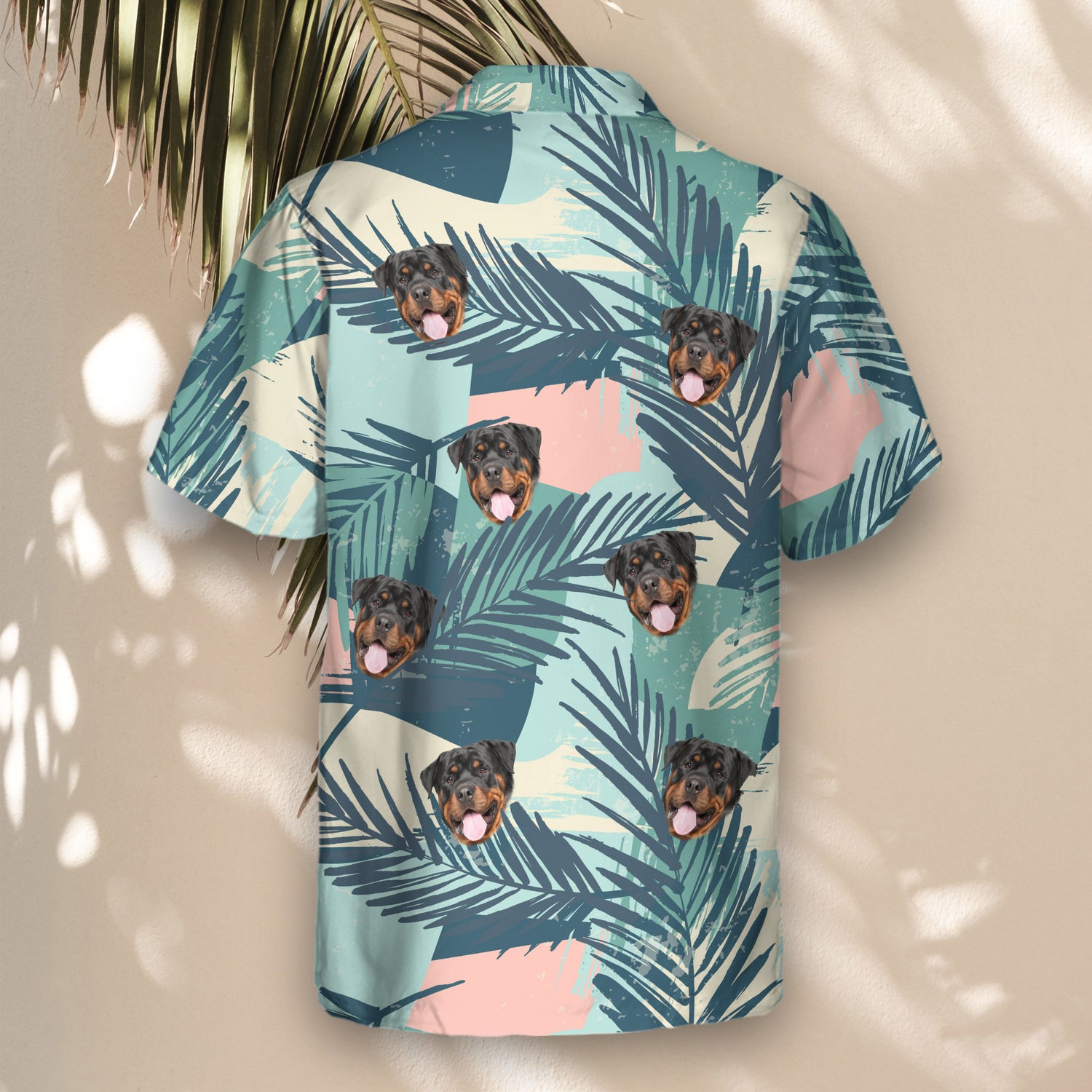 Stylish custom Hawaiian shirts with tropical palm leaves and color blocks. Add faces on them for a bold, lightweight look perfect for a tropical vibe all year.