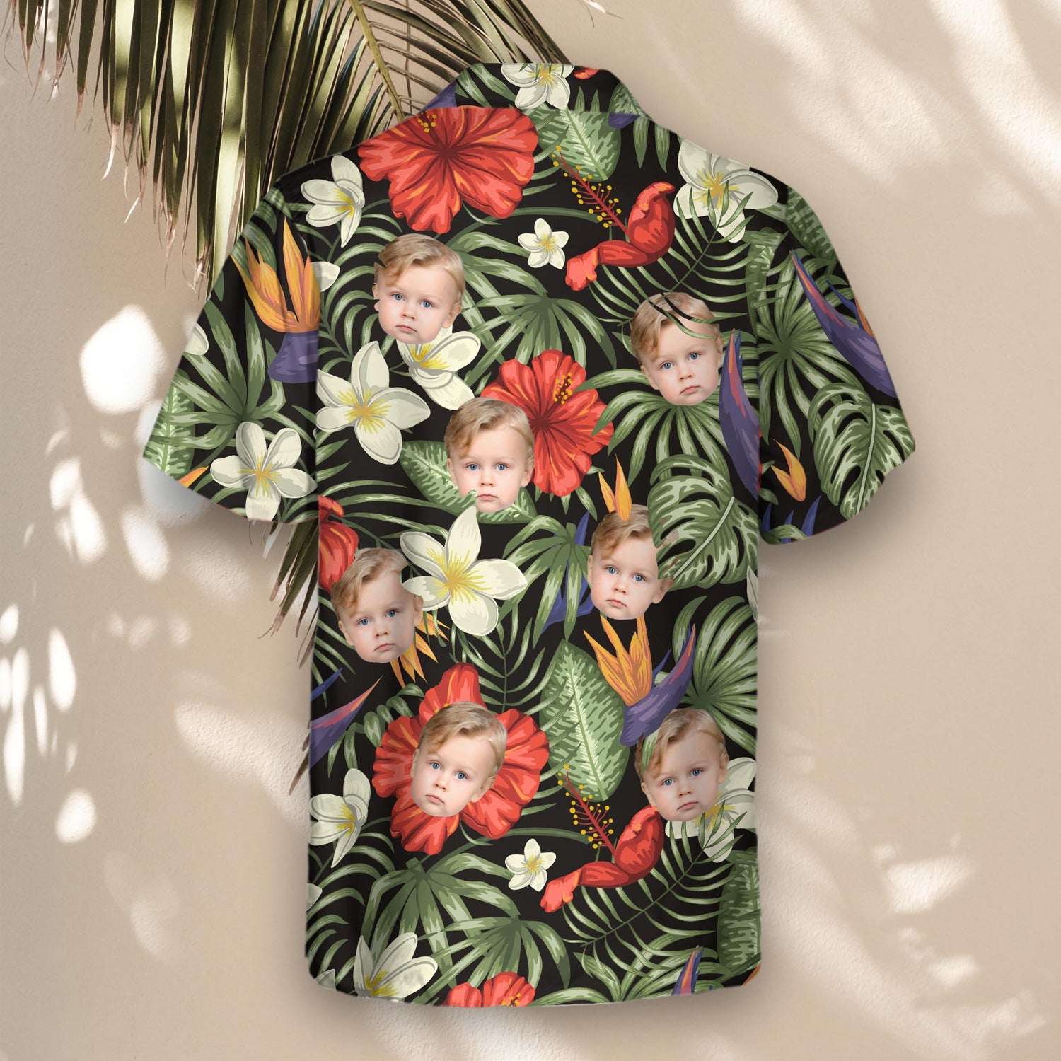 Nature-inspired custom Hawaiian shirts with frangipani, hibiscus, and lush leaves. Add faces on them for a relaxed, tropical look perfect for any event.