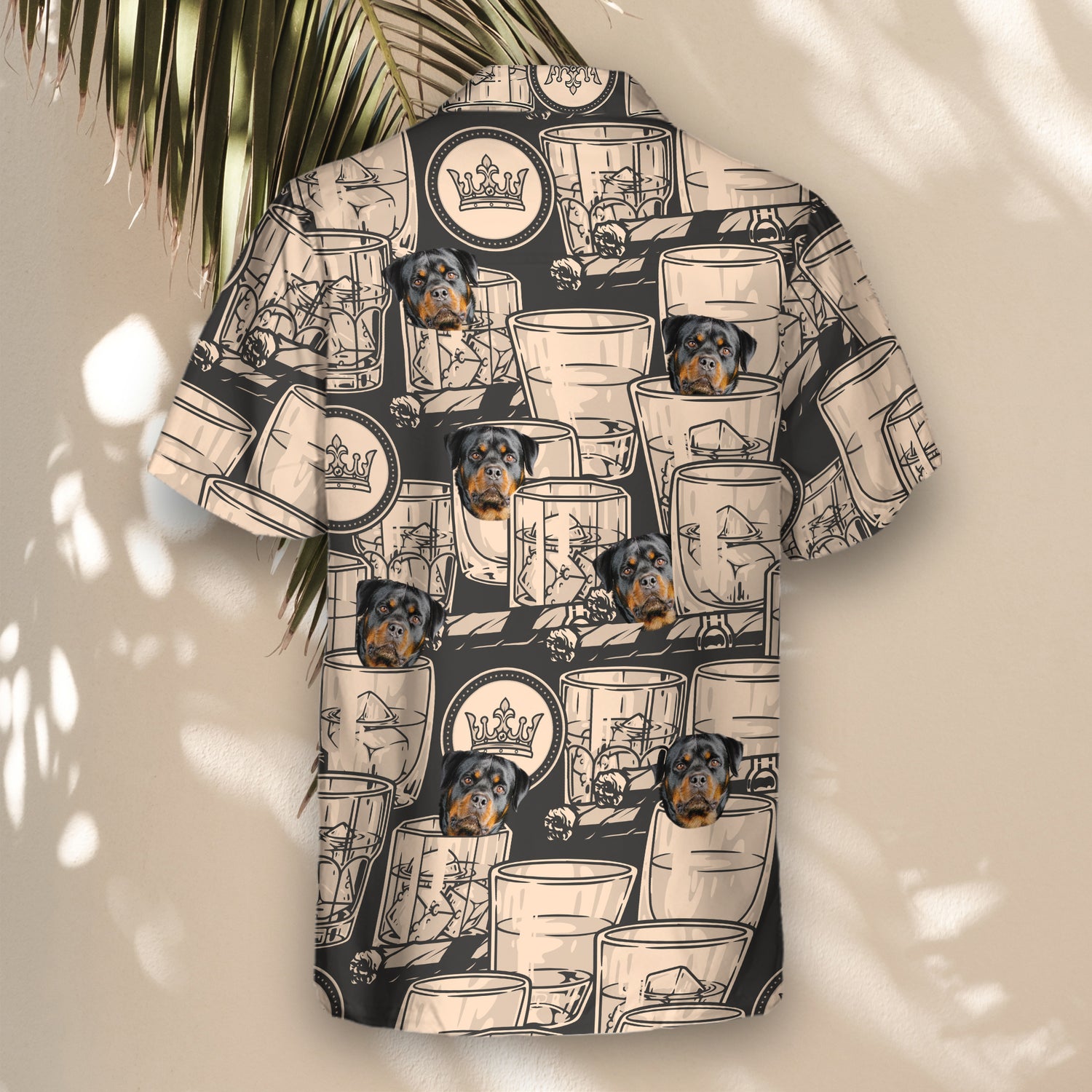 Refined custom Hawaiian shirts with whiskey and cigar motifs in black and ivory. Add faces on them for a personalized, vintage-inspired design.