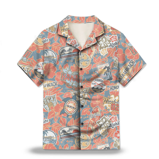 Image: Vintage Hawaii Custom Hawaiian Shirt. Featuring iconic Hawaiian motifs like hibiscus flowers, palm trees, and surfboards in a vintage style. Perfect for a tropical getaway. Alt text for accessibility.