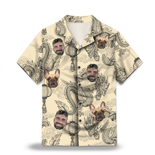 Image: Dragon and Lantern in Antique Ivory Custom Hawaiian Shirt. Featuring intricate dragon and lantern designs in a vintage-inspired monochrome palette, perfect for a unique and stylish look. Alt text for accessibility.