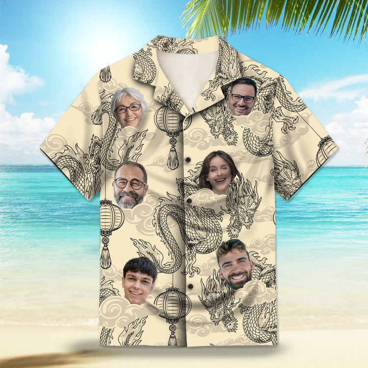 Image: Dragon and Lantern in Antique Ivory Custom Hawaiian Shirt. Featuring intricate dragon and lantern designs in a vintage-inspired monochrome palette, perfect for a unique and stylish look. Alt text for accessibility.