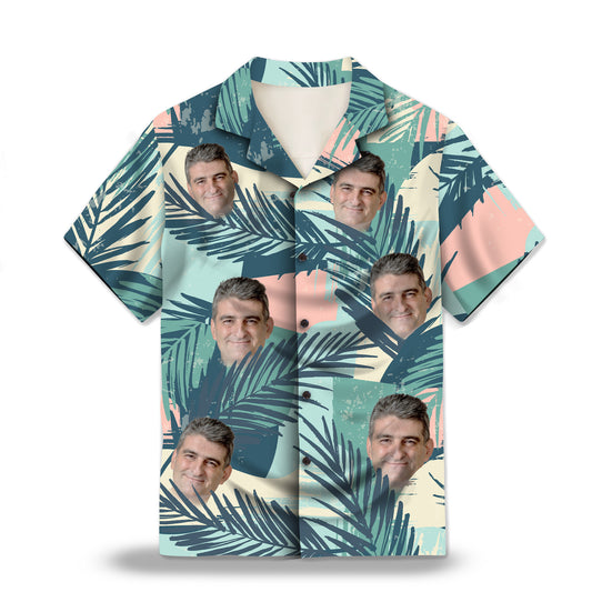 Image: Color Block Palm Leaf Custom Hawaiian Shirt. Featuring vibrant color blocks and palm leaf designs, perfect for a tropical summer look. Alt text for accessibility.