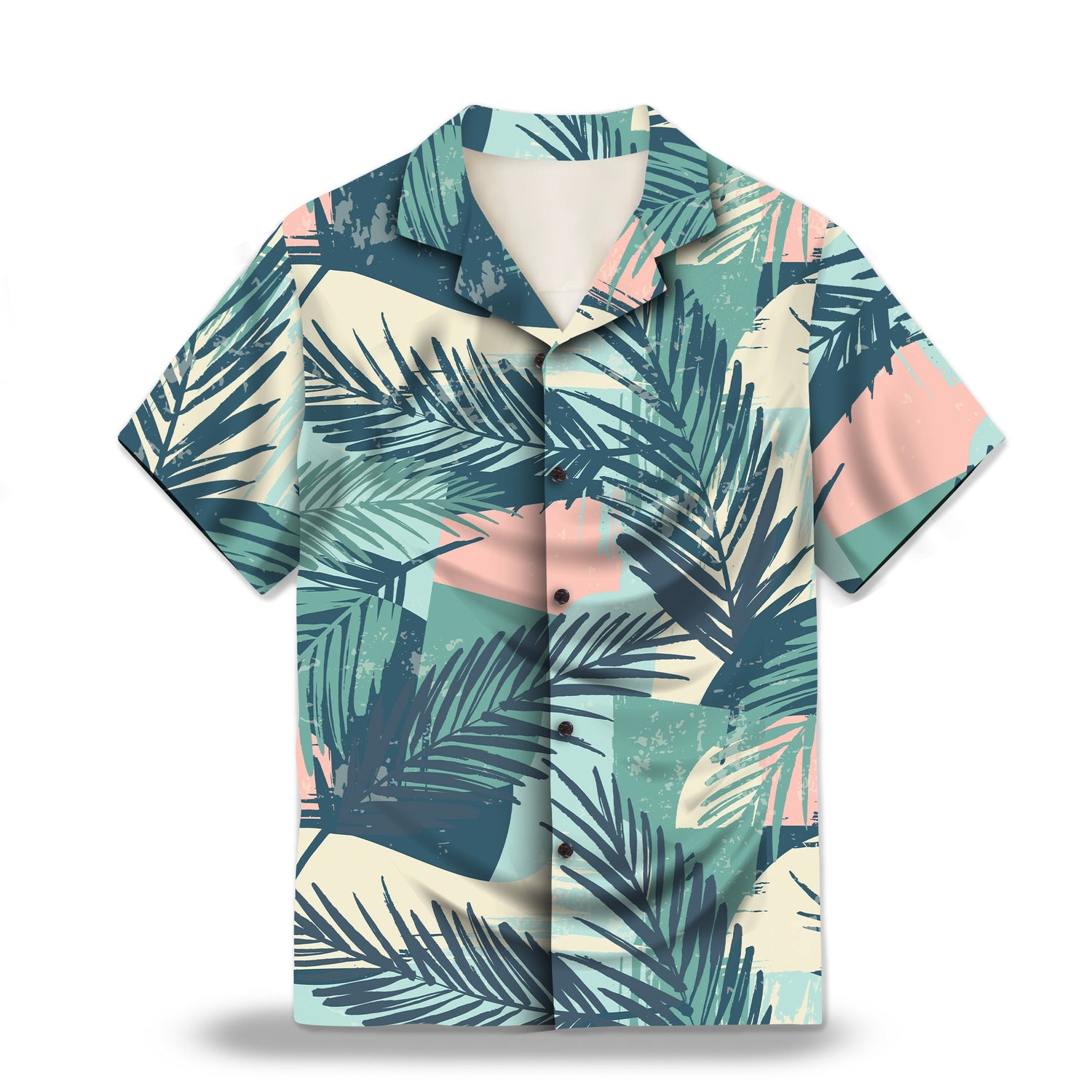 Image: Color Block Palm Leaf Custom Hawaiian Shirt. Featuring vibrant color blocks and palm leaf designs, perfect for a tropical summer look. Alt text for accessibility.