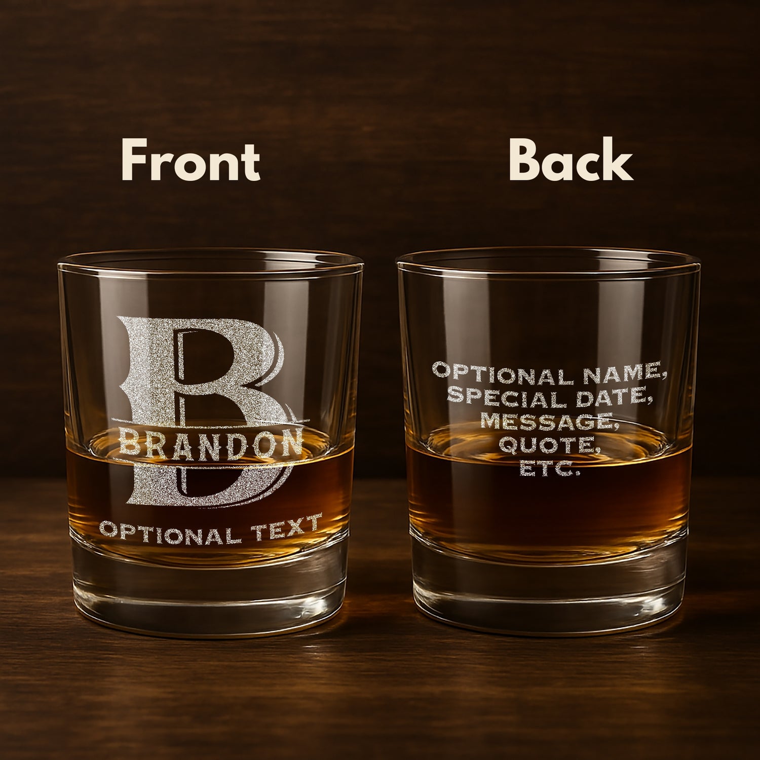 Custom whiskey glass etched with a monogram, filled with whiskey shown against a rustic wooden background for a masculine aesthetic.