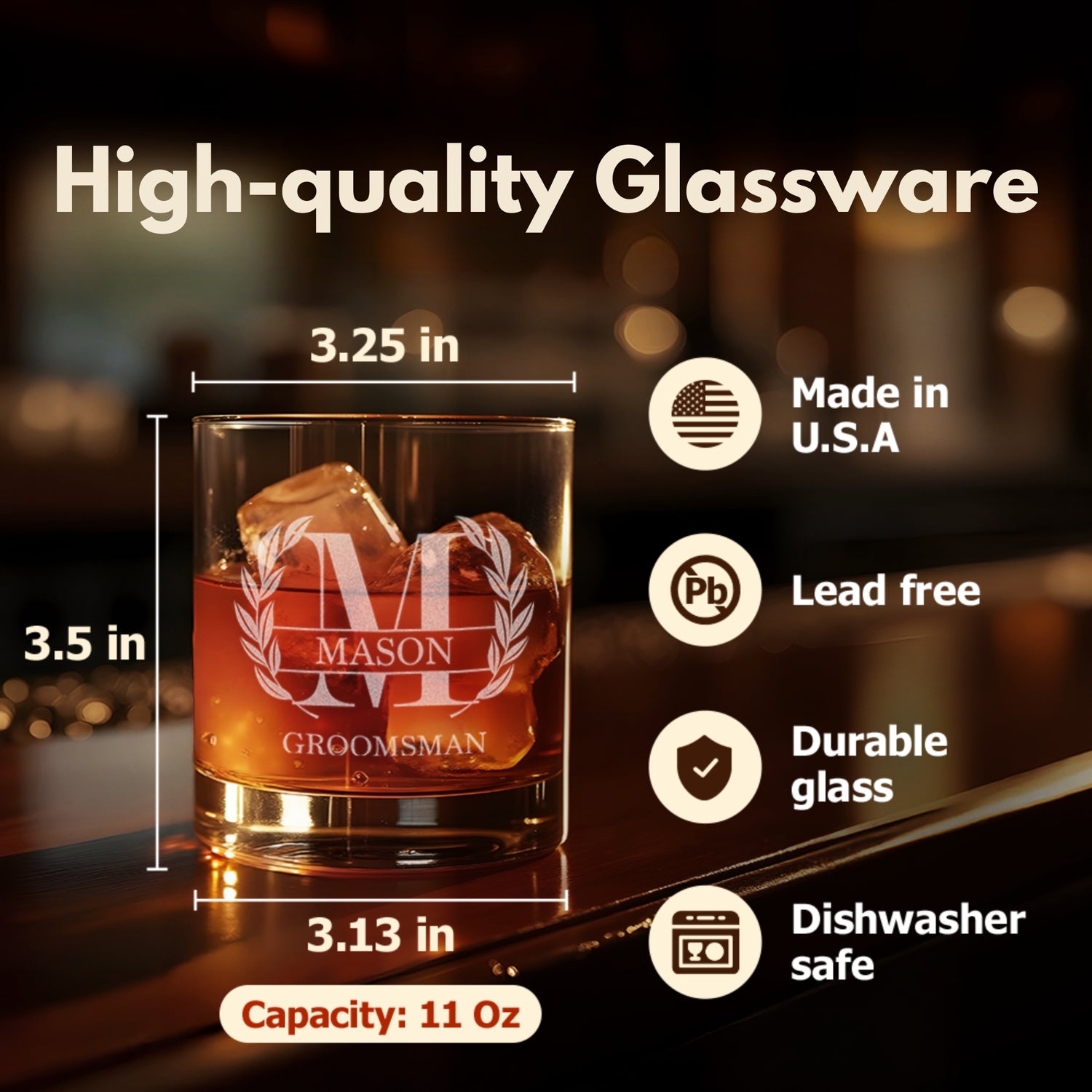 Personalized whiskey glass with custom engraving featuring a groomsman's name, perfect gift for wedding, displayed on a wooden table with warm lighting.