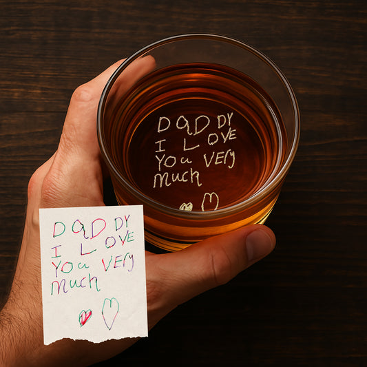 Engraved whiskey glass with handwritten message on the bottom, shown top-down with golden whiskey inside, ideal for personalized gift moments.