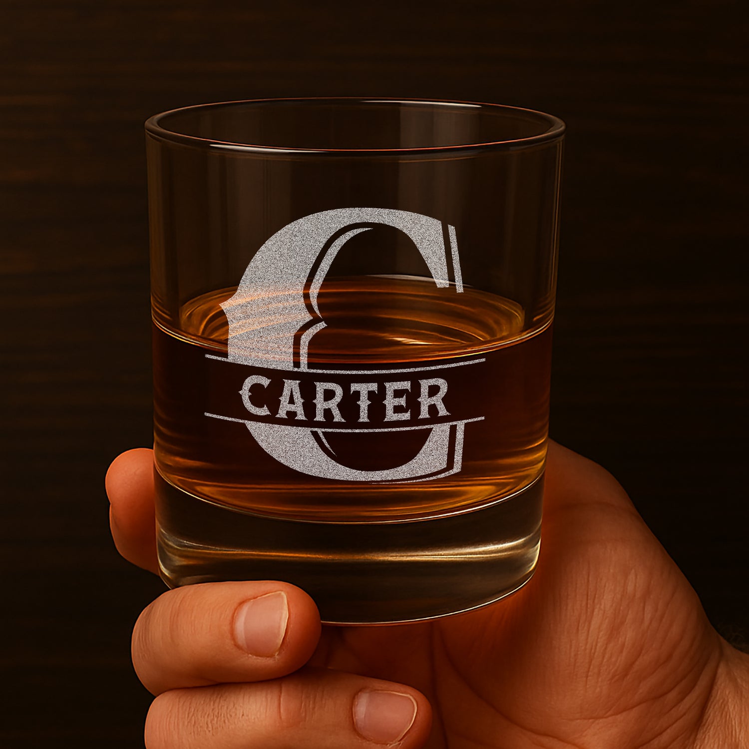 Personalized Whiskey Glass with etched monogram and name.