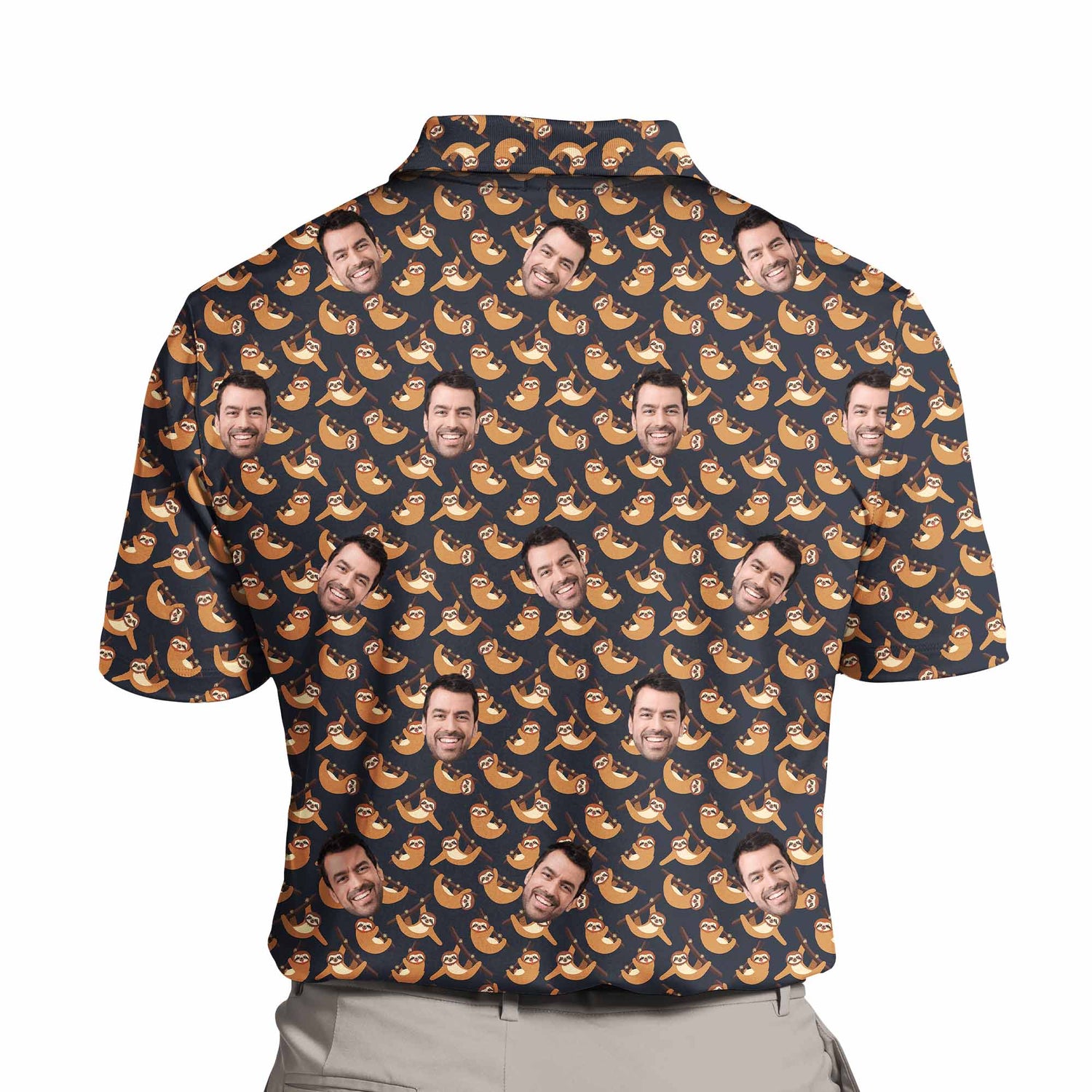 Sloth On The Branch Polo Shirt featuring a sloth hanging on a tree branch. The design is playful and cute, showcasing the sloth's relaxed pose against a simple background. The shirt combines nature-inspired elements with a tropical and summer vibe, making it a fun and casual choice.