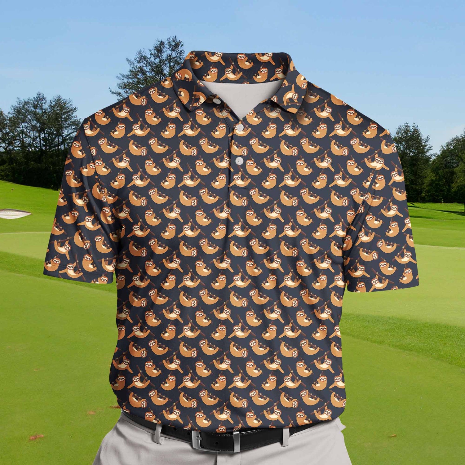 Sloth On The Branch Polo Shirt featuring a sloth hanging on a tree branch. The design is playful and cute, showcasing the sloth's relaxed pose against a simple background. The shirt combines nature-inspired elements with a tropical and summer vibe, making it a fun and casual choice.