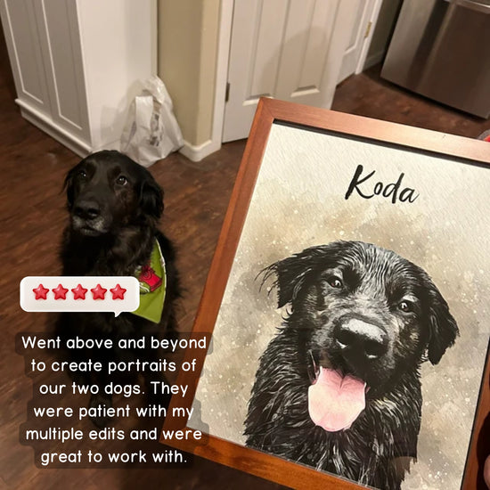 Turn your pet photos into pet portraits with our custom watercolor art! Our talented pet portrait artists bring your furry friend to life by turning your picture into a drawing you'll love. Perfect for home decor or a unique gift that’s sure to wow!